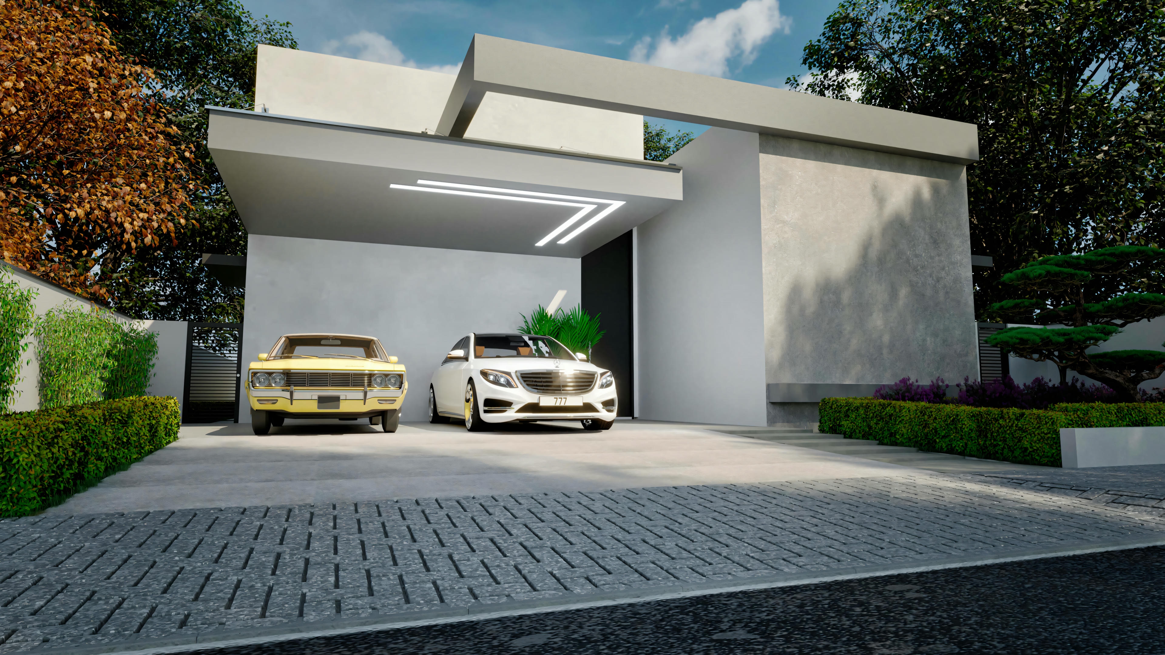 A modern house with a flat roof, a garage with two parked cars, and a garden area to the side.