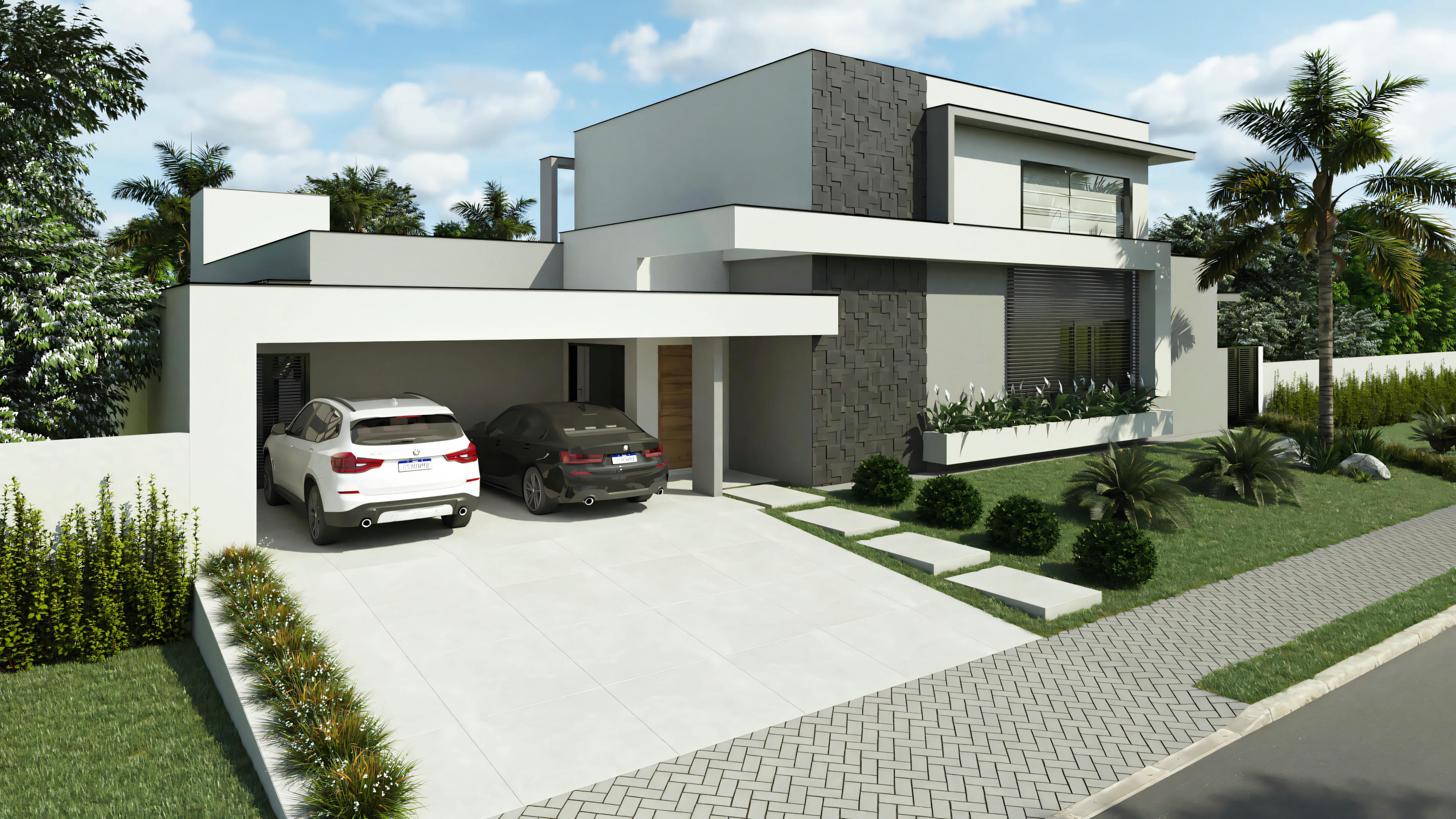 A modern house with multi-level roofs and expansive windows.