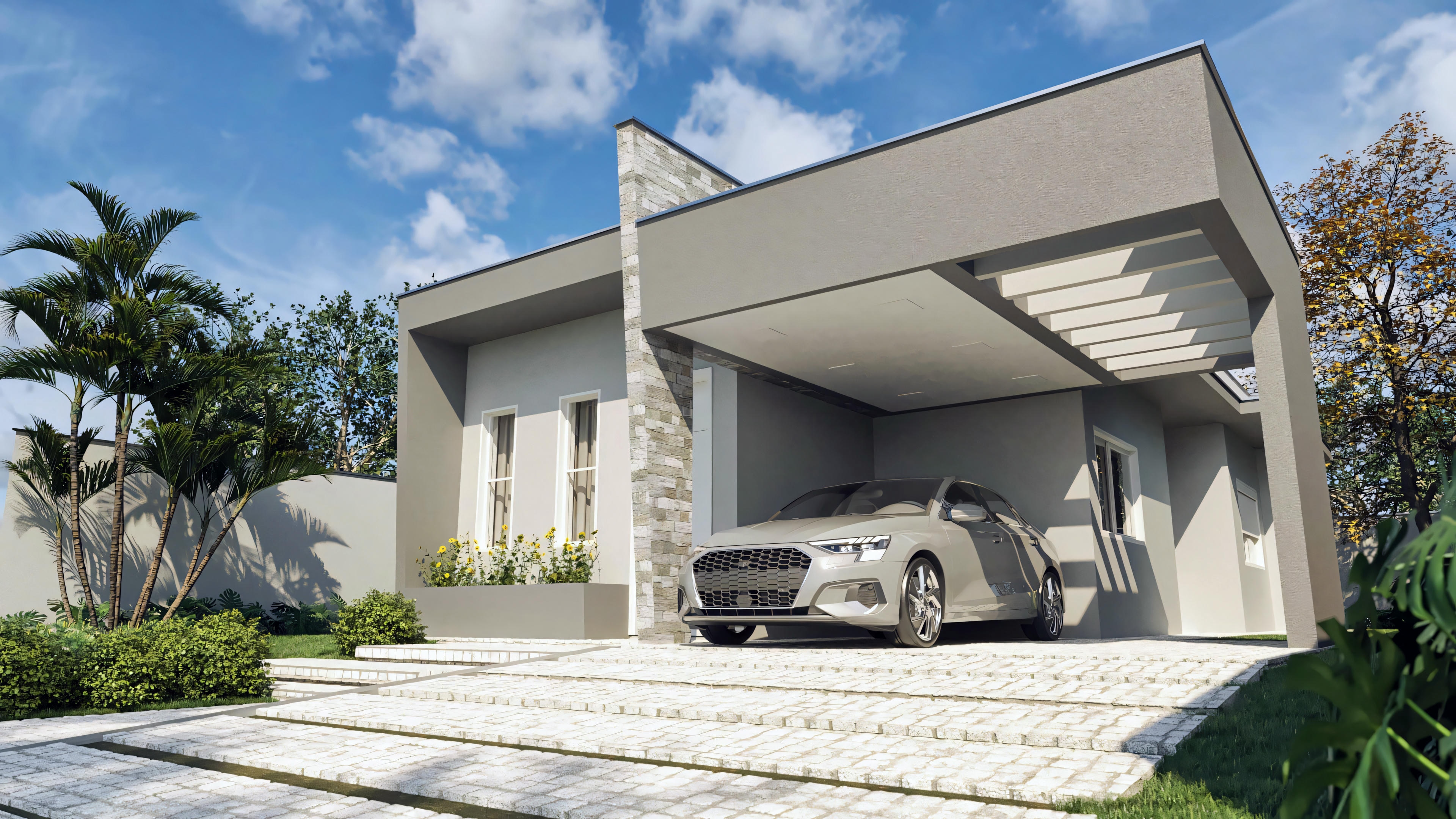 A modern house with an open garage containing a car, clear sky, and less prominent vegetation.