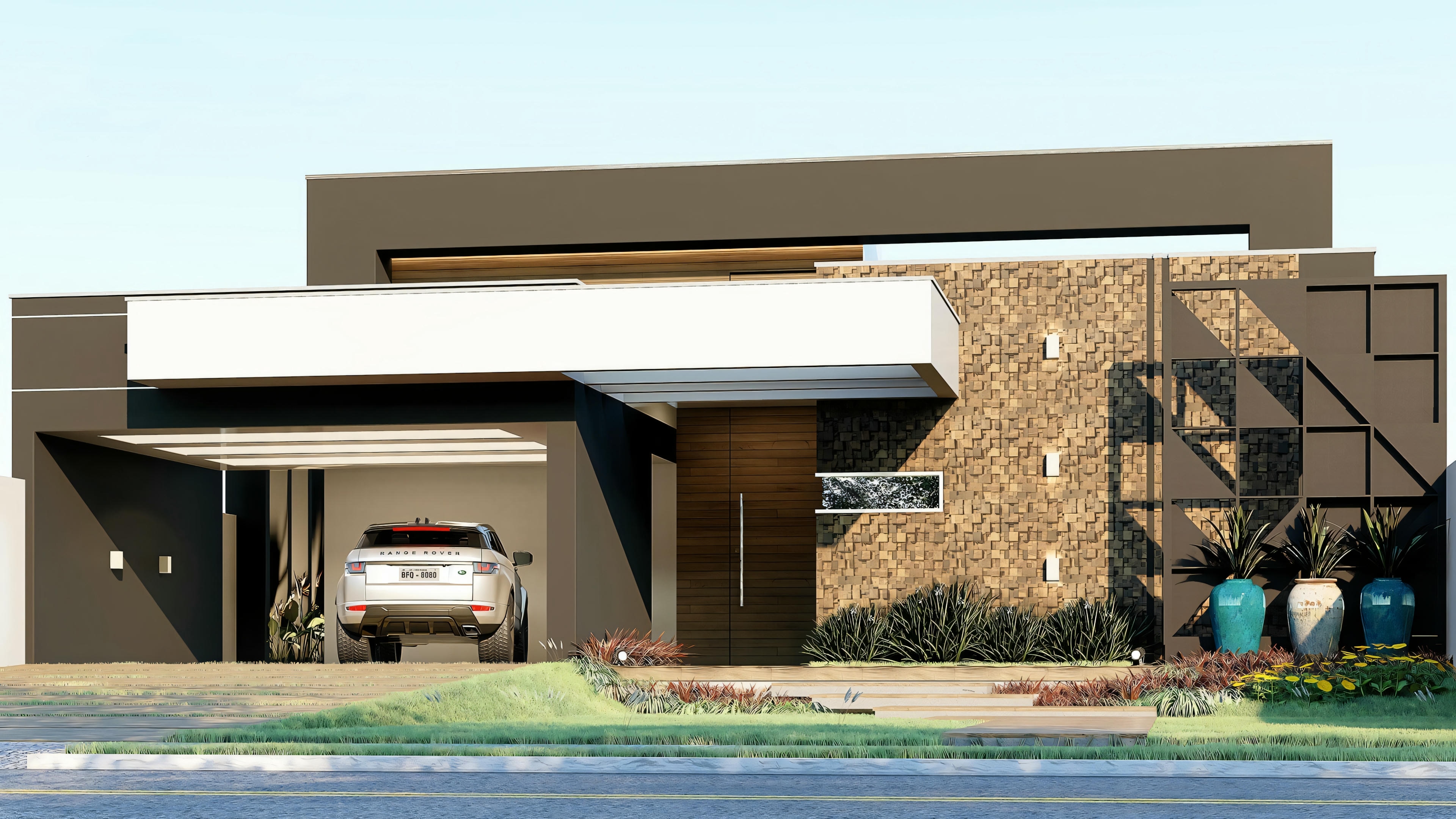 Exterior view of a modern house with a unique roof design and large windows, surrounded by greenery.