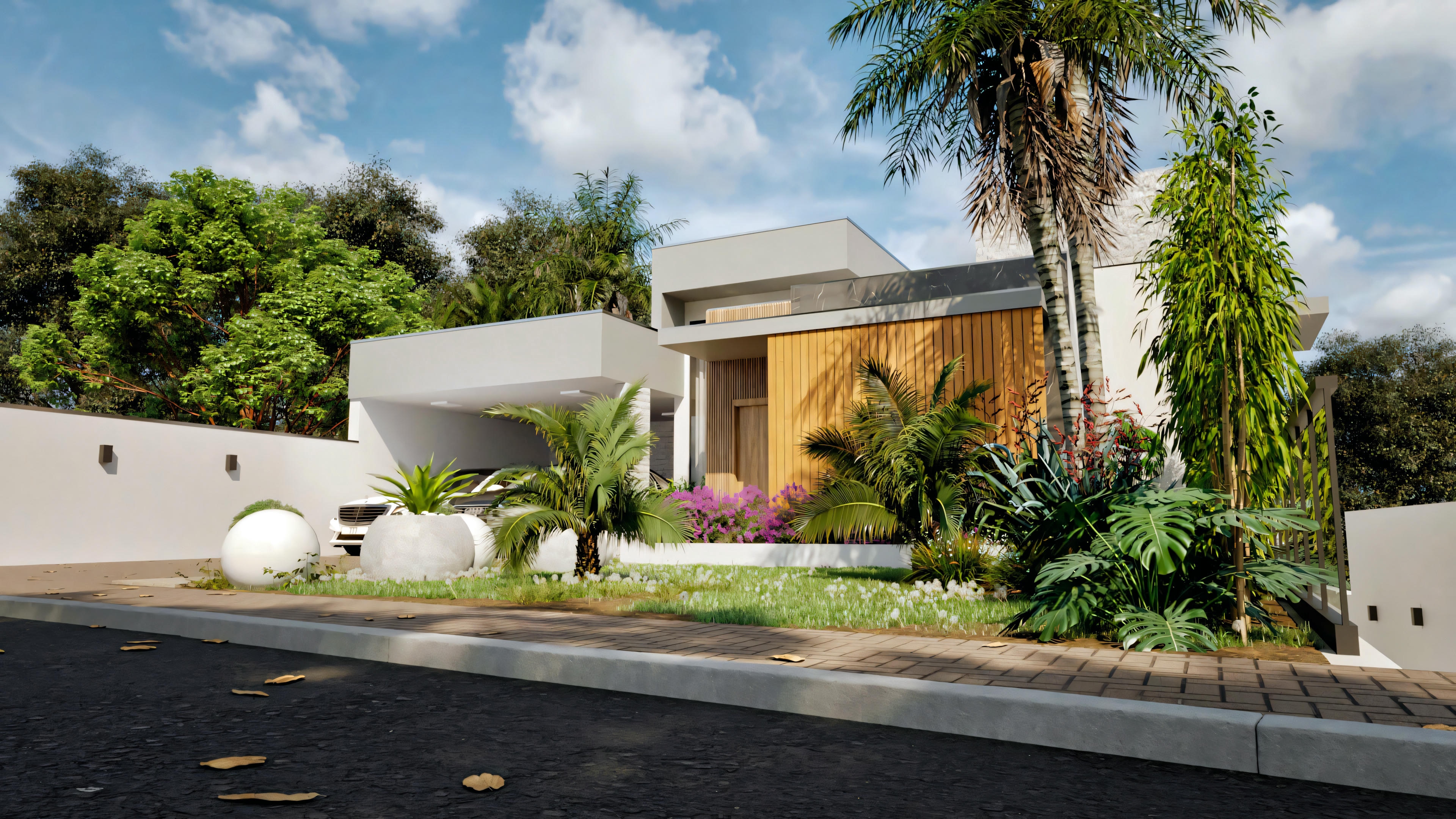 Modern house with wooden elements, large windows, and surrounding vegetation.