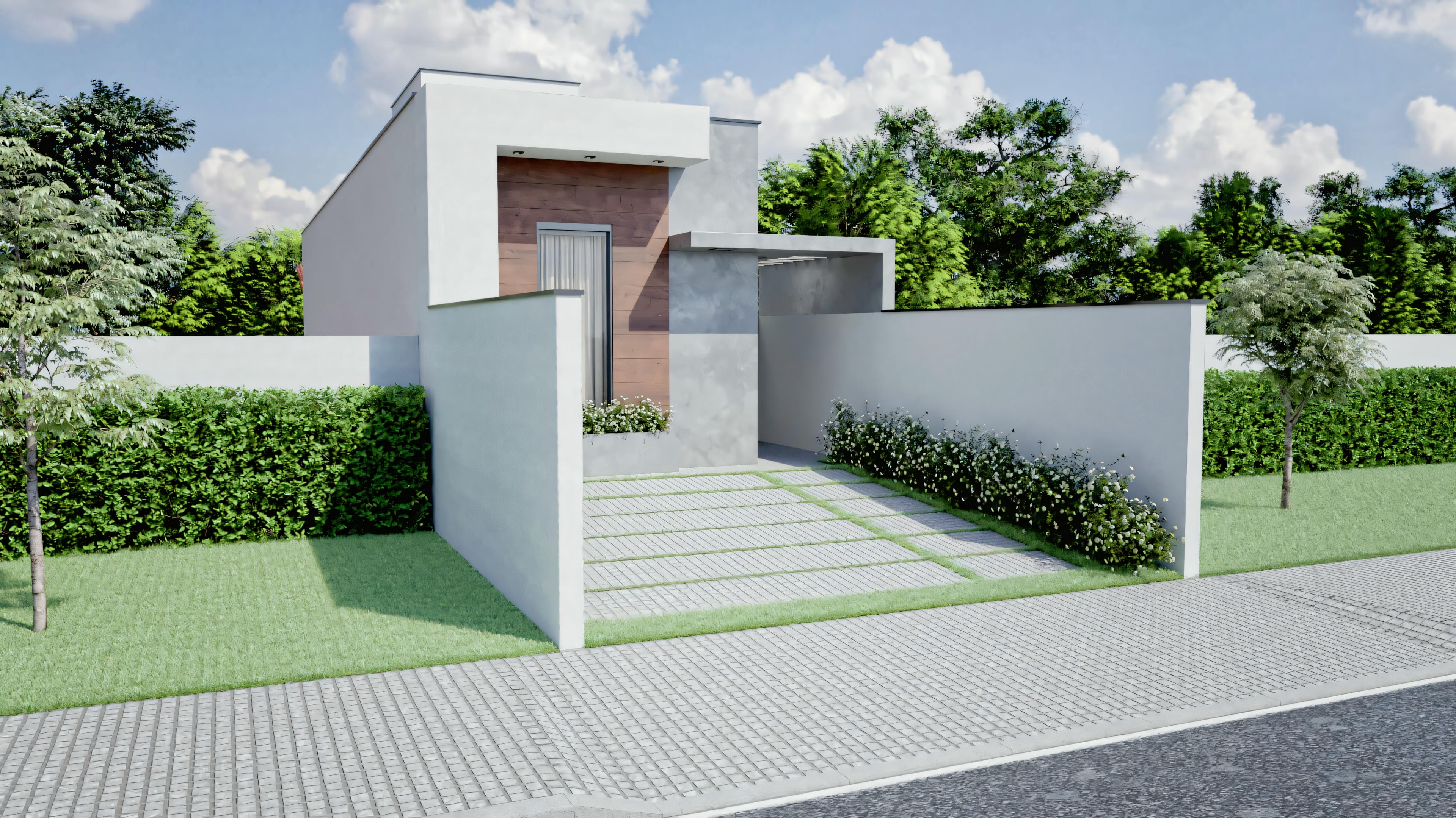 A modern one-story house with a flat roof and minimalist facade.