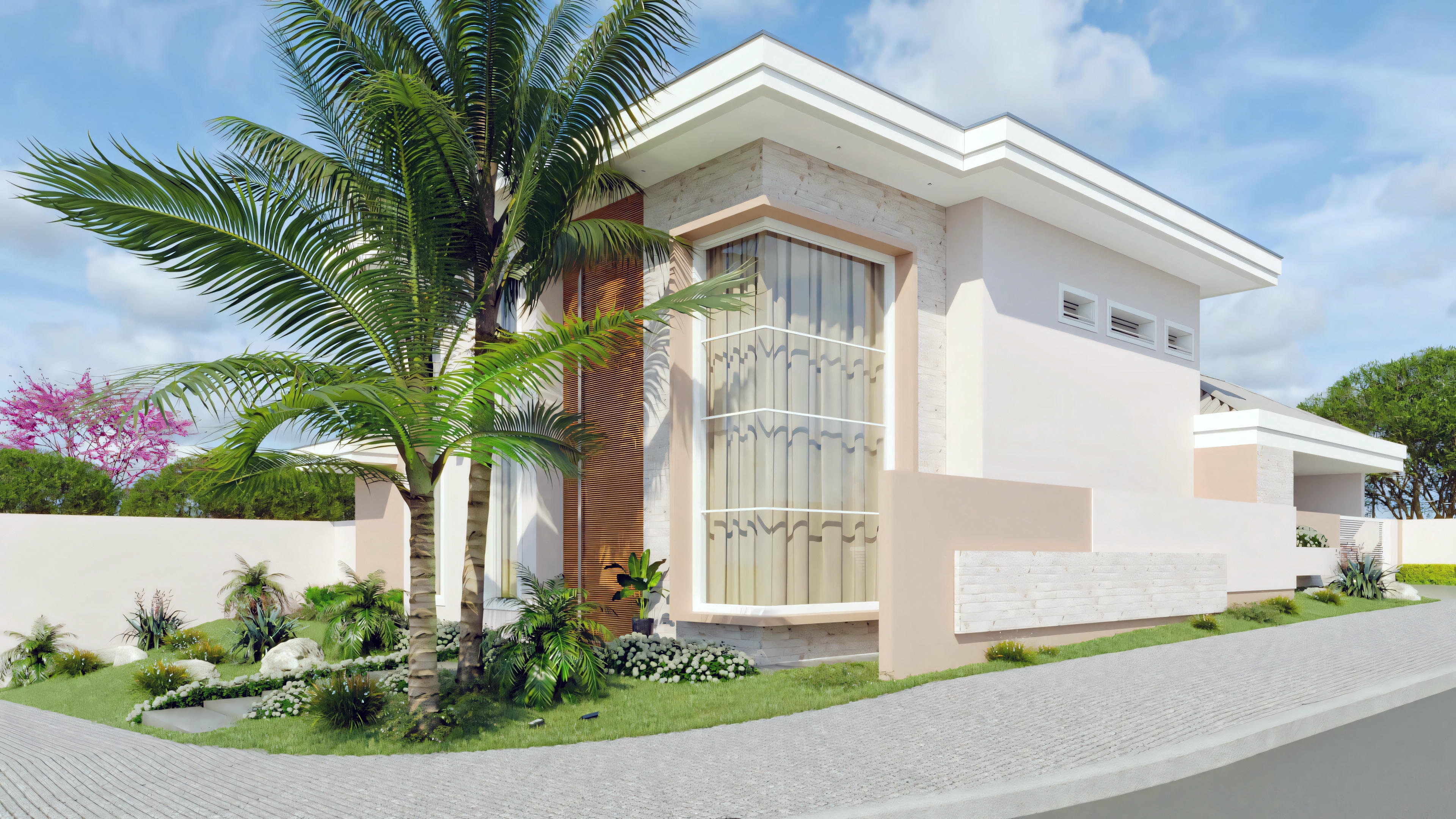 A modern one-story house with a light facade, large windows, and a landscaped front garden.