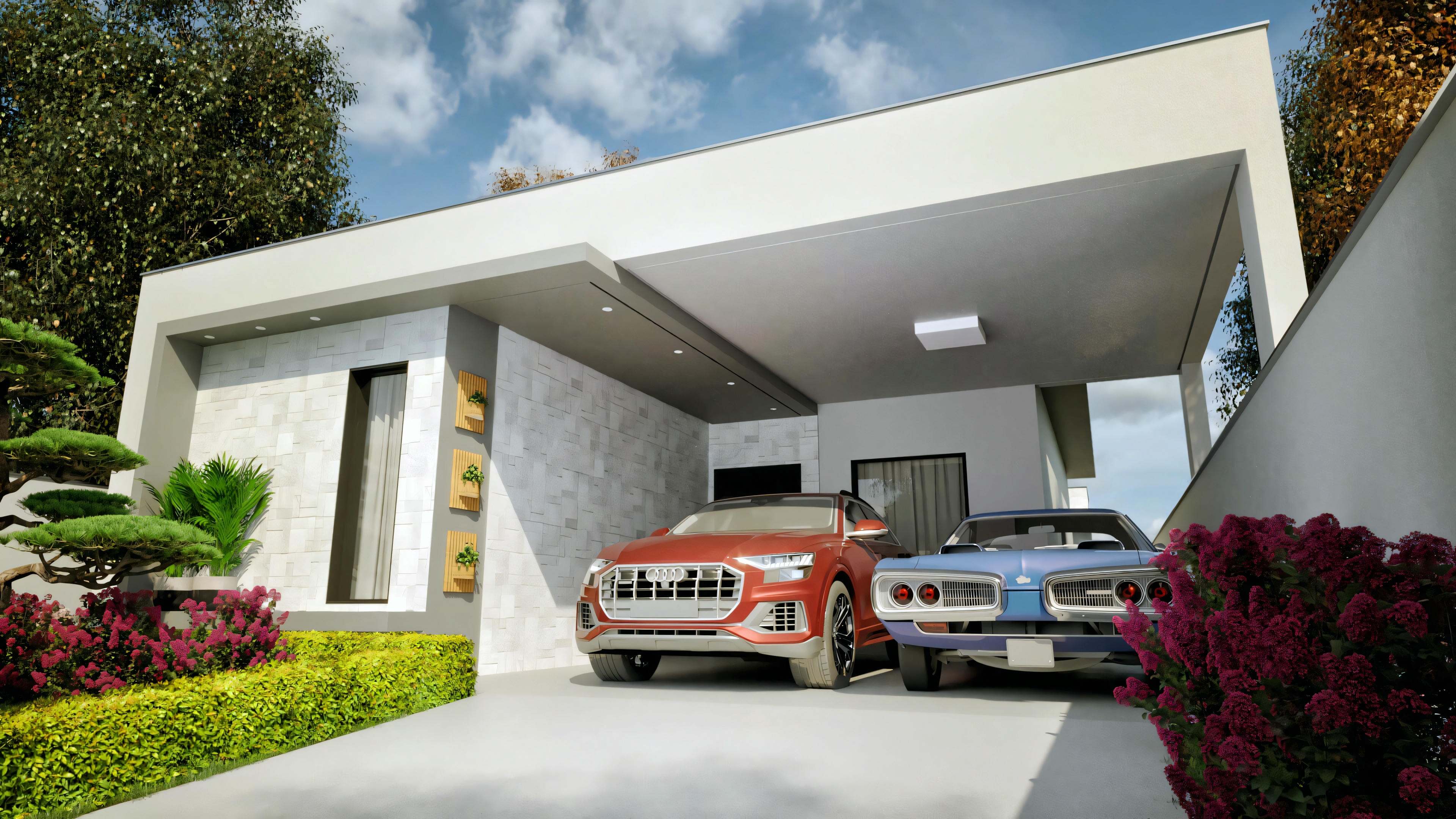 A modern single-story house with a flat roof and an extended carport.