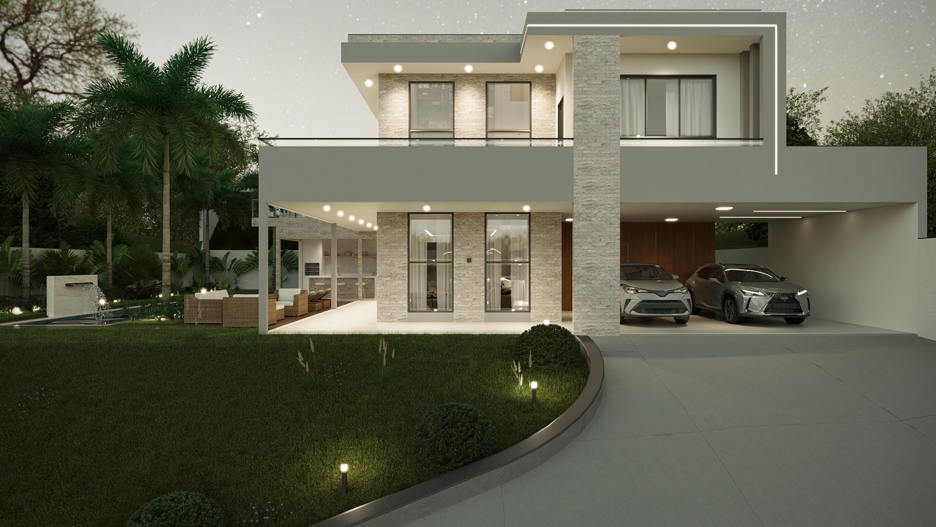 Modern facade of a two-story house with 4 suites, highlighting stone volumes and large windows, gourmet area with swimming pool, and lush landscaping.
