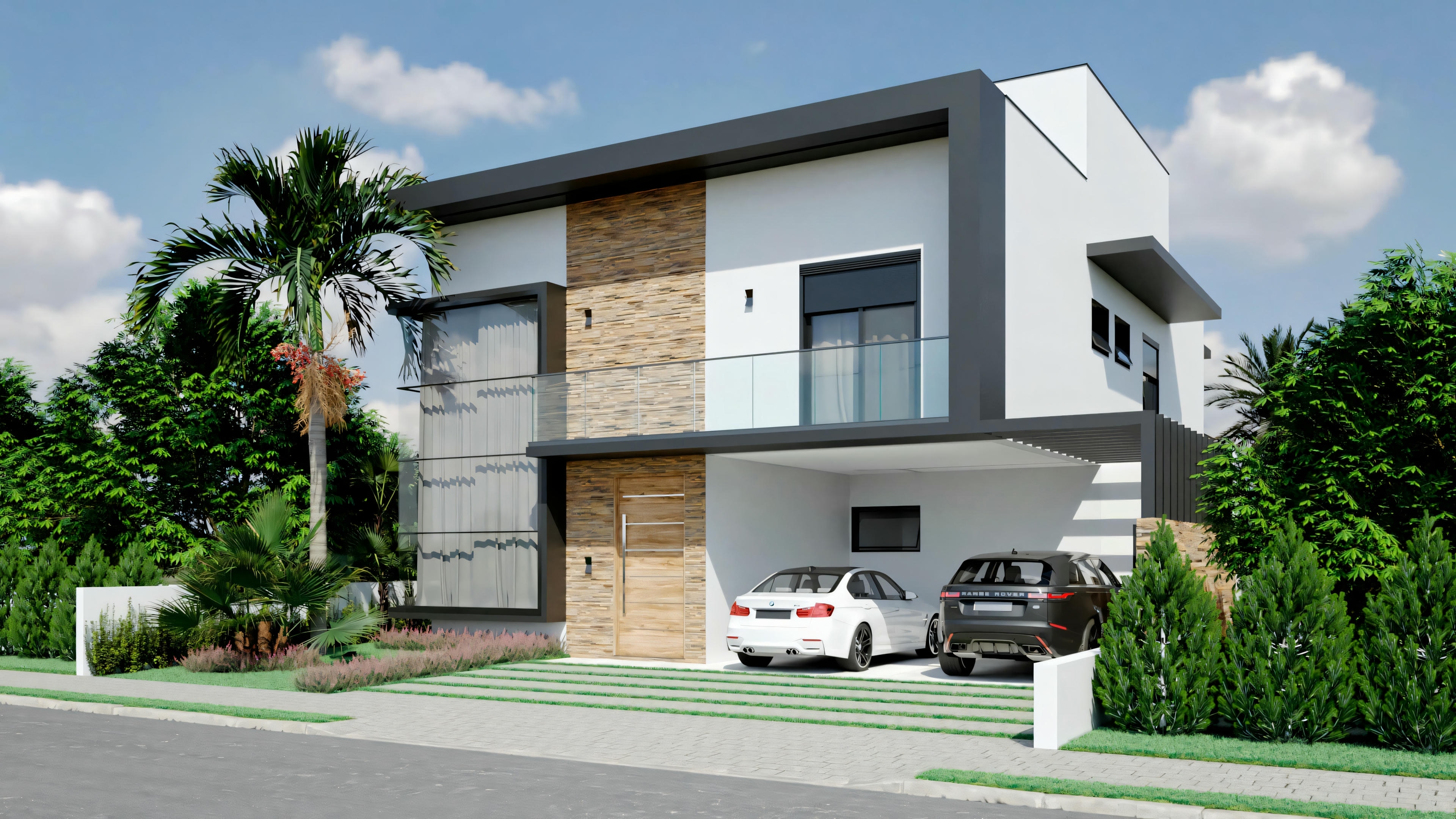 Modern two-story house with white facade and stone cladding, including a garage with a parked car.