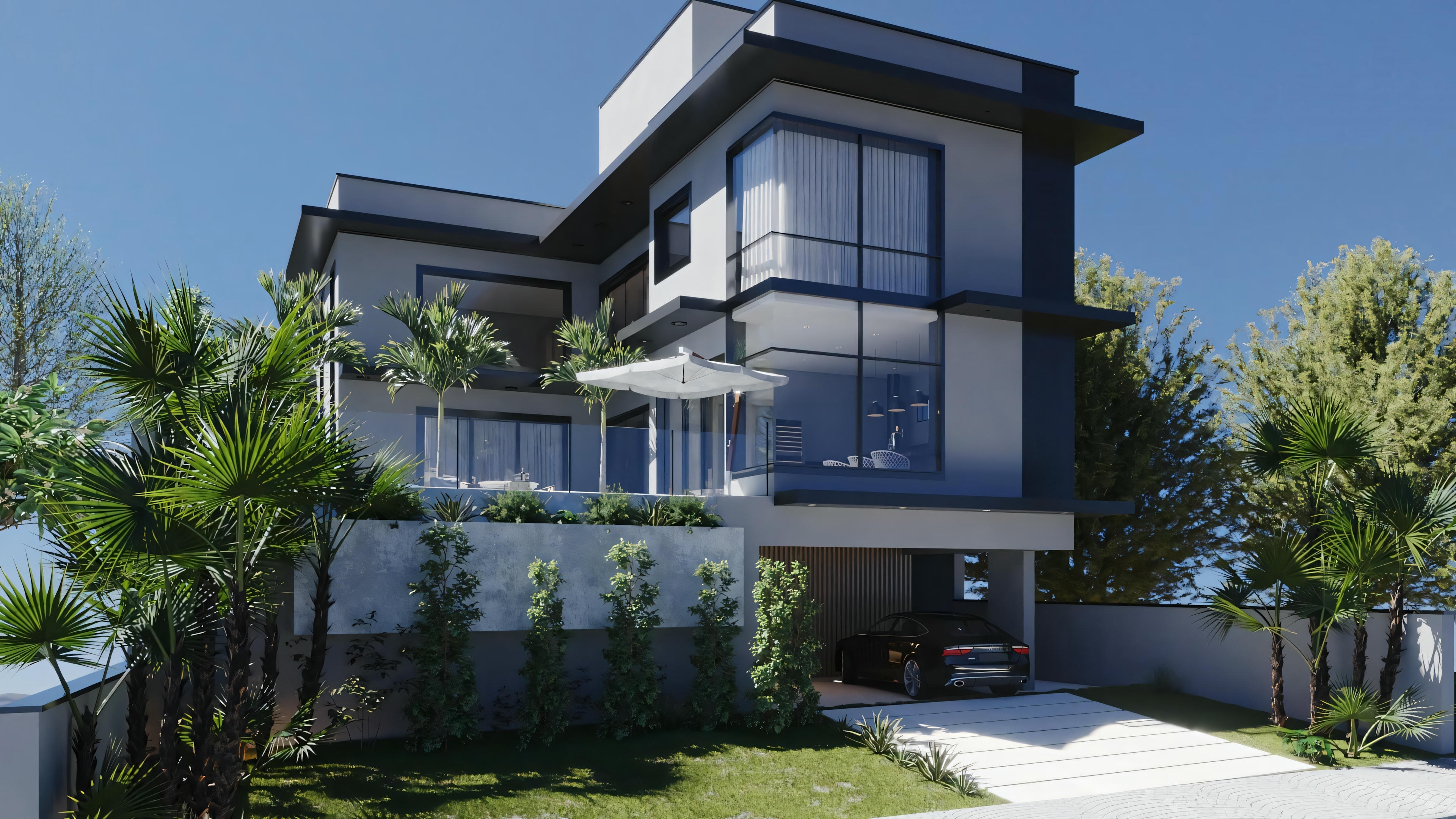A modern two-story house with large windows, a flat roof, and an exterior that combines light and dark colored materials.