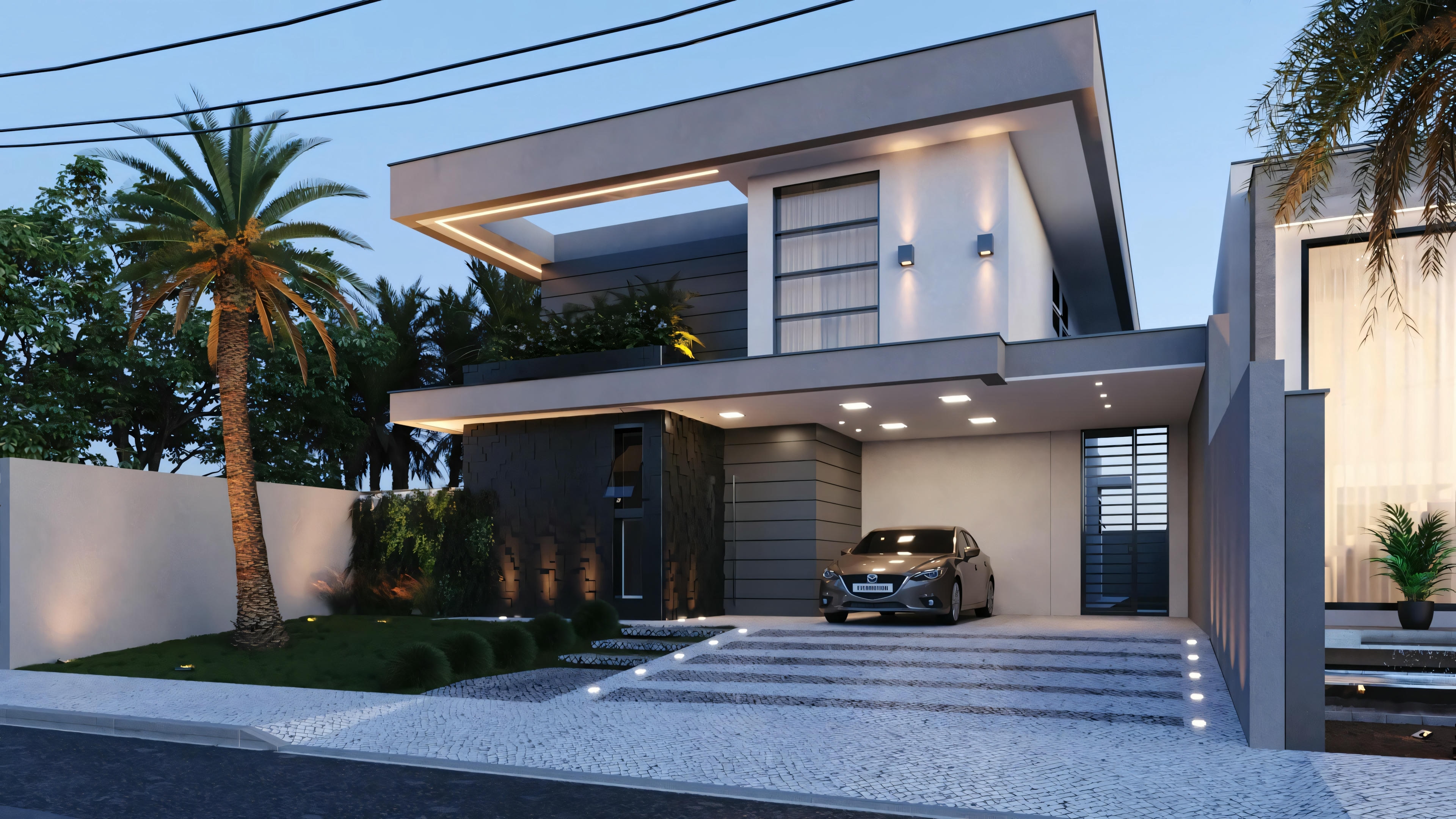 A modern two-story house with a flat roof, large windows, and a garage with a parked car. The house is illuminated by external lights and has a path leading to the entrance.