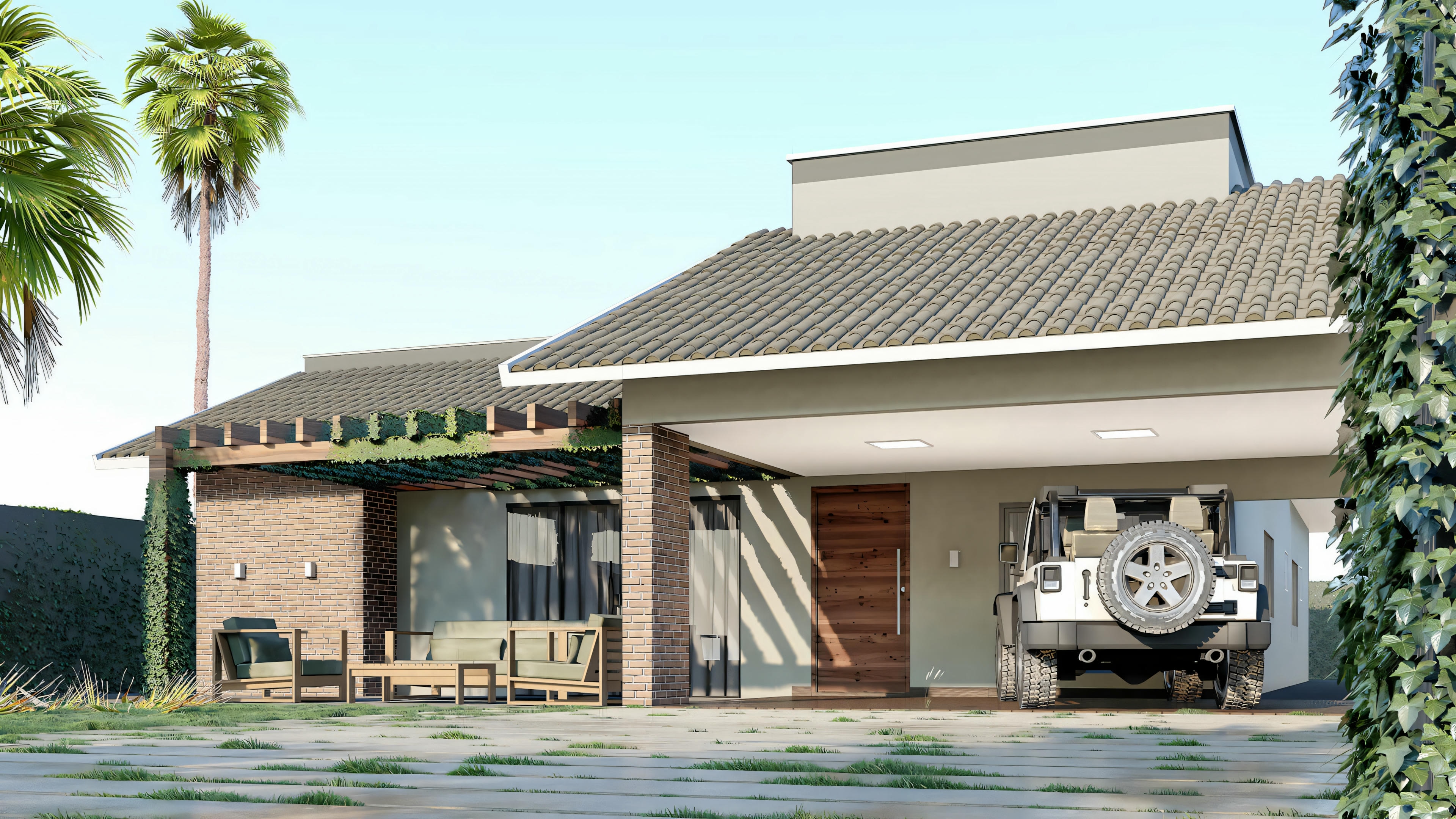 3D rendering of an outdoor space with dining area, greenery, and ambient lighting.