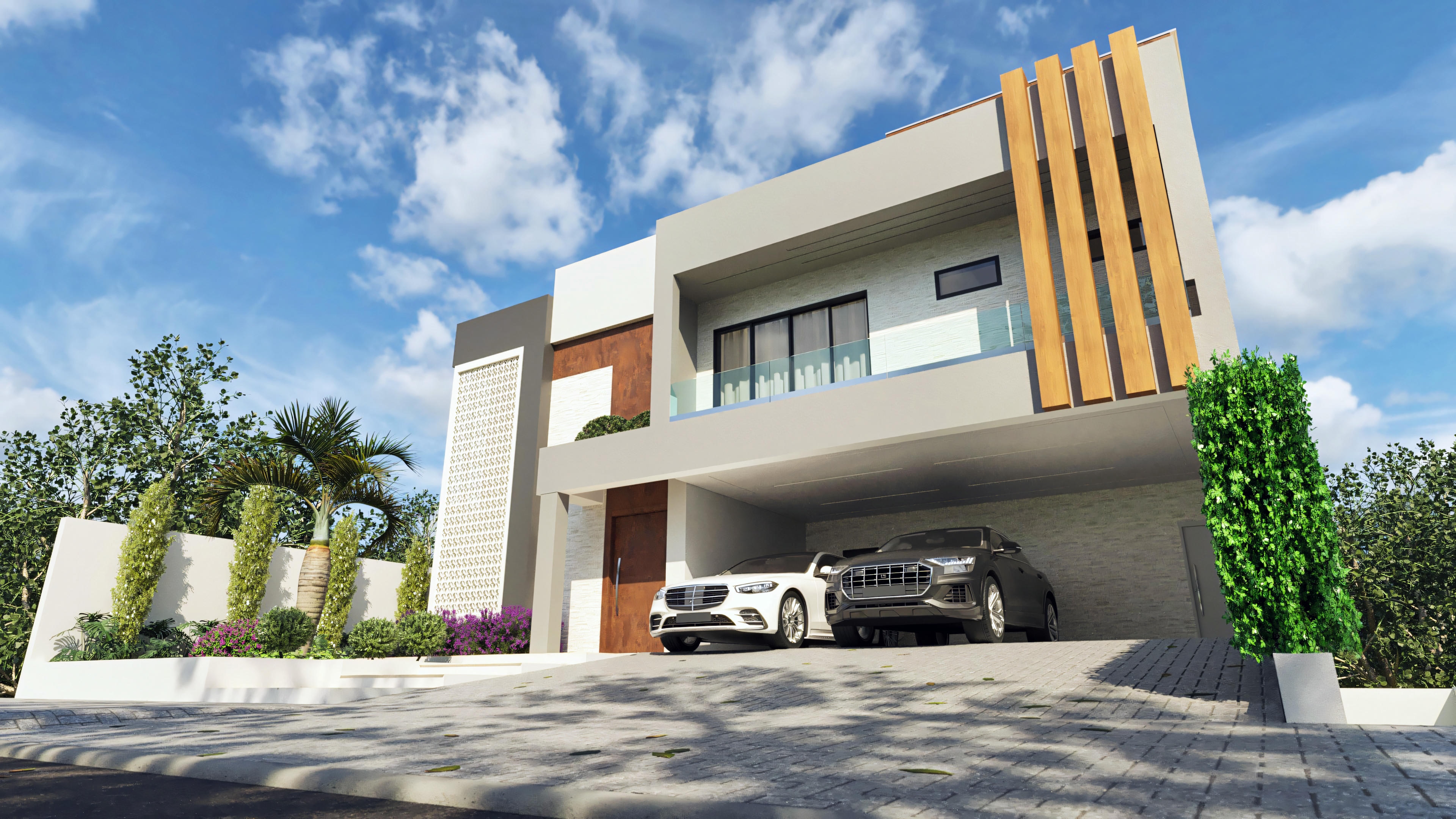 Perspectiva frontal de proyecto de casa moderna con 394.84m², 4 suites, piscina, oficina y quincho. Fachada con revestimientos en tonos neutros, detalles en listones de madera, elemento arquitectónico vazado y garaje cubierto para 3 autos, en terreno 20x25.