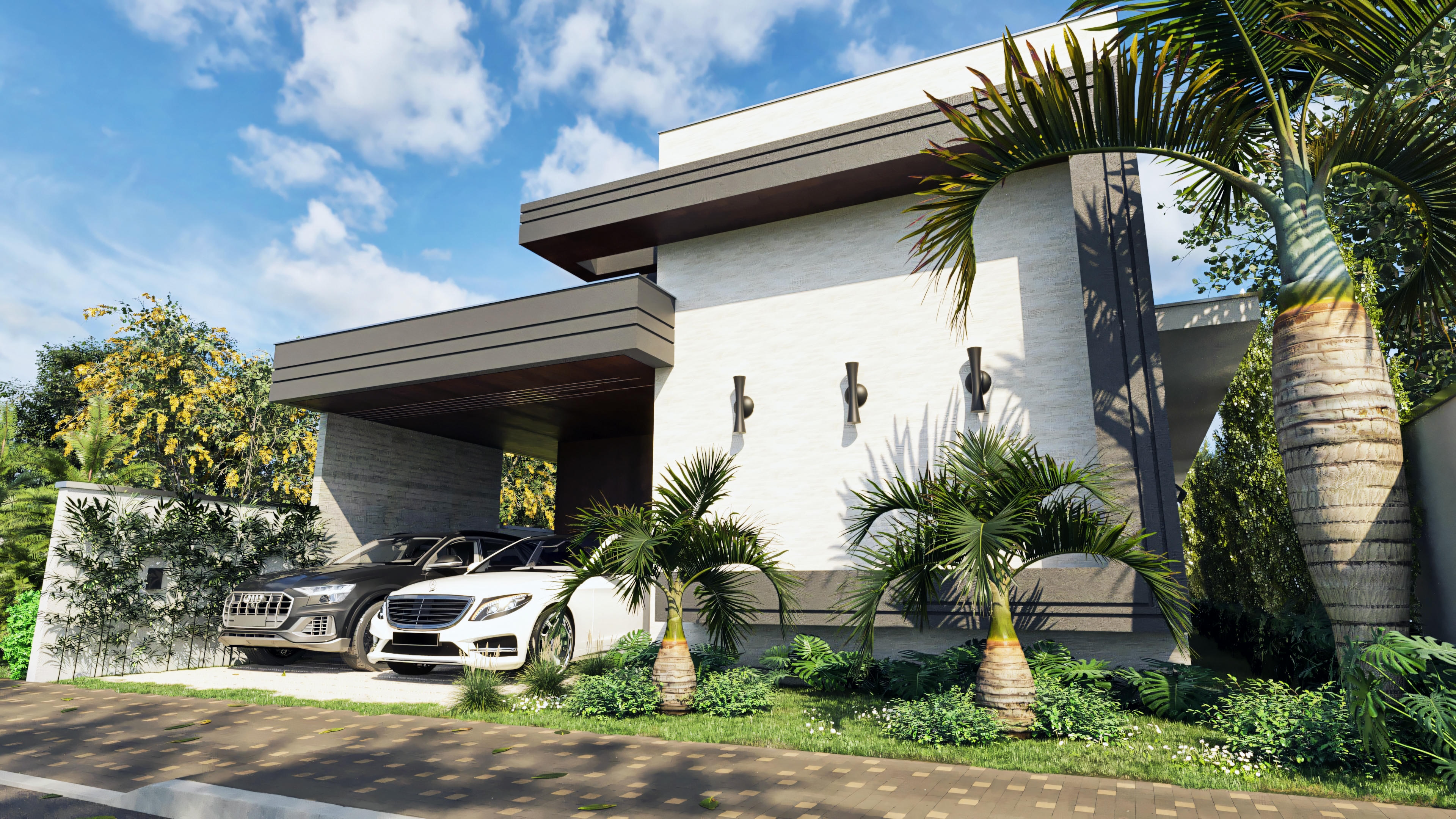 Casa moderna térrea com fachada imponente, 3 quartos, sendo 2 suítes, e garagem para 2 carros. Projeto de 144.98m² para terreno 12x20, incluindo área gourmet.