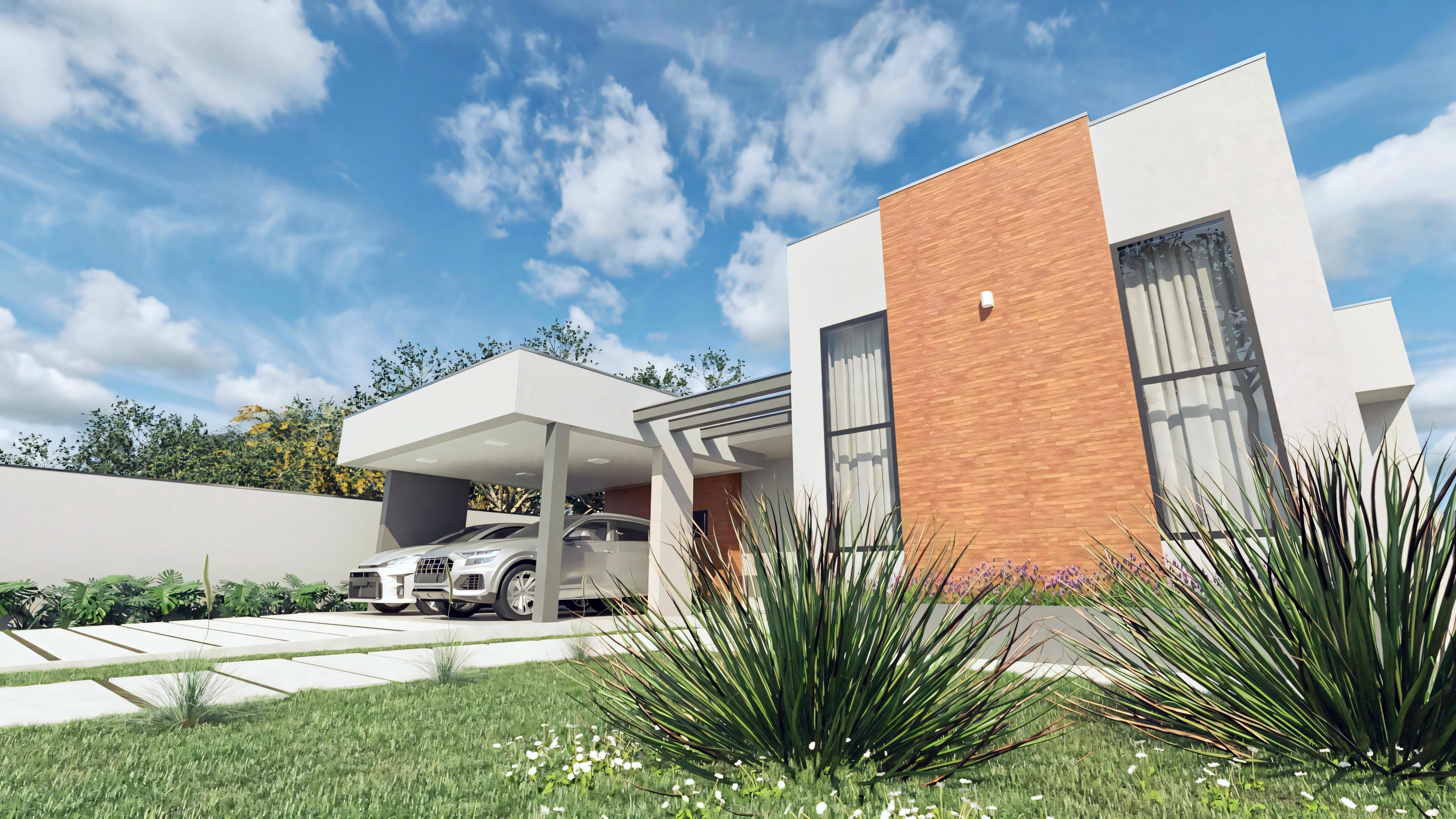Vista de la fachada y jardín de proyecto de casa de planta baja con 3 suites, con 276.43m² en terreno 20x50; arquitectura moderna, garaje doble y paisajismo frontal.