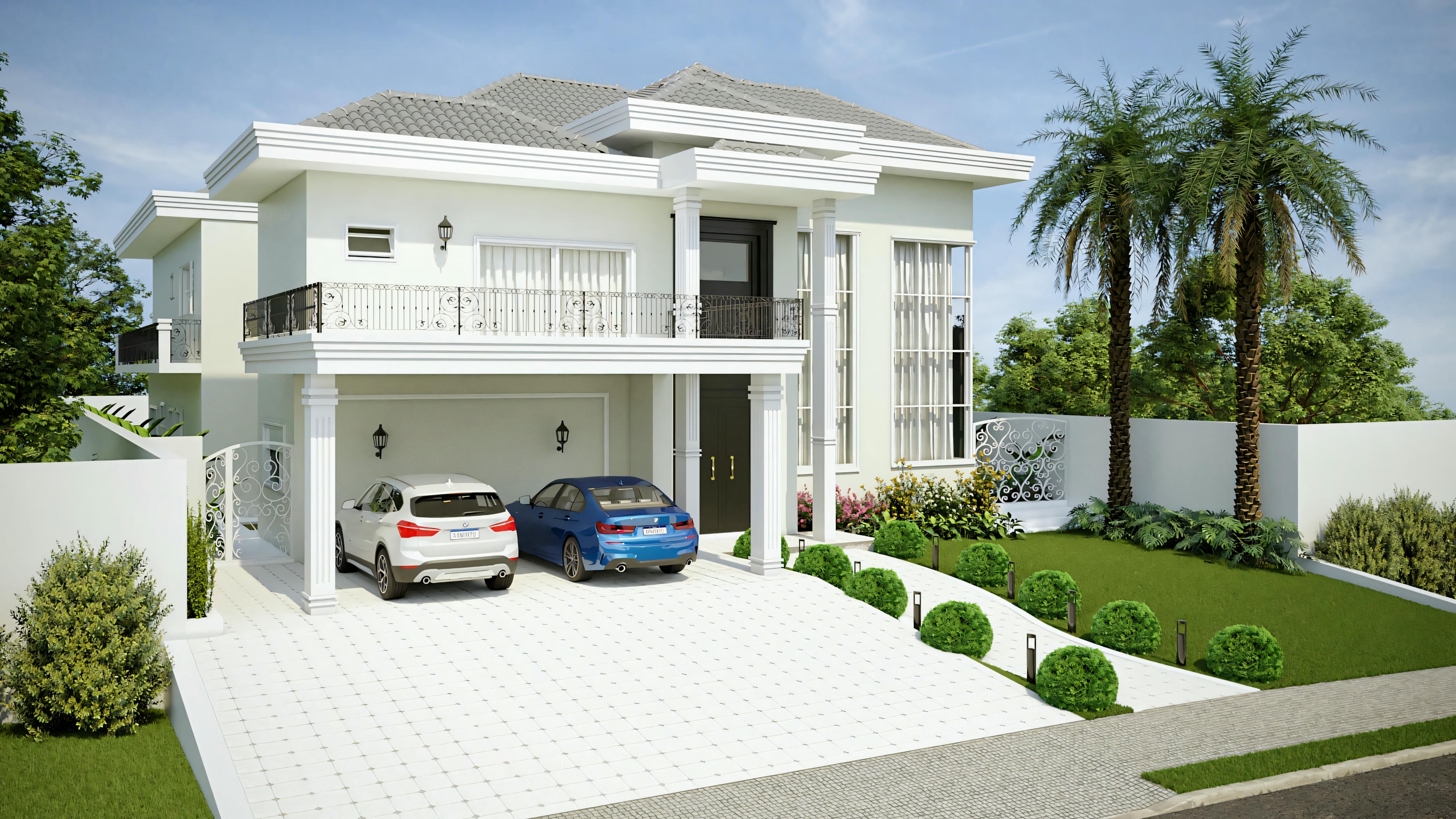 Fachada neoclássica moderna de sobrado com 4 suítes, colunas na varanda, garagem dupla com piso intertravado e iluminação externa.