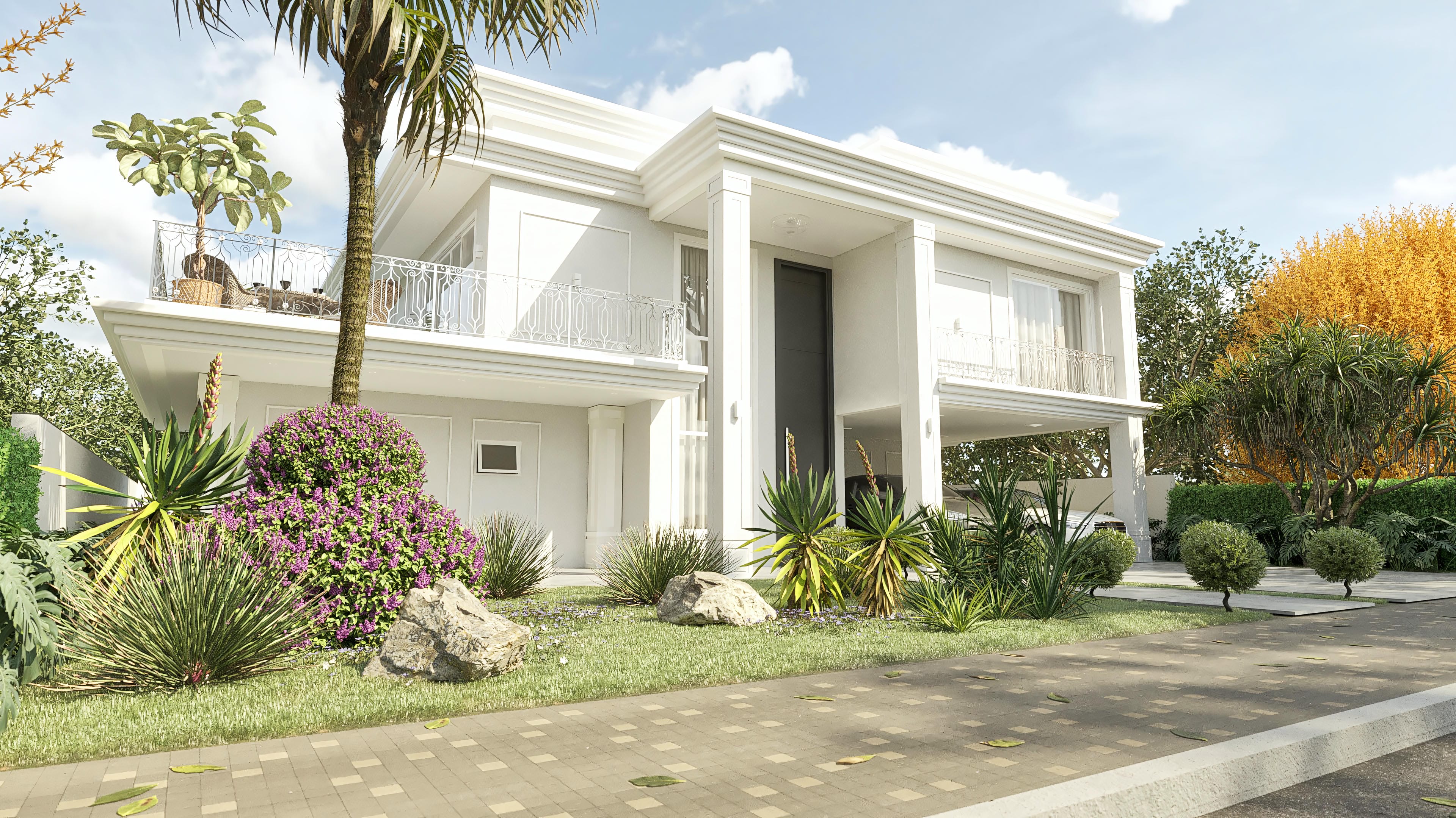 Casa de dos plantas neoclásica imponente con fachada clásica en blanco, 5 habitaciones, área gourmet y piscina. Destacan los detalles en pilares y balcón con rejas ornamentales.