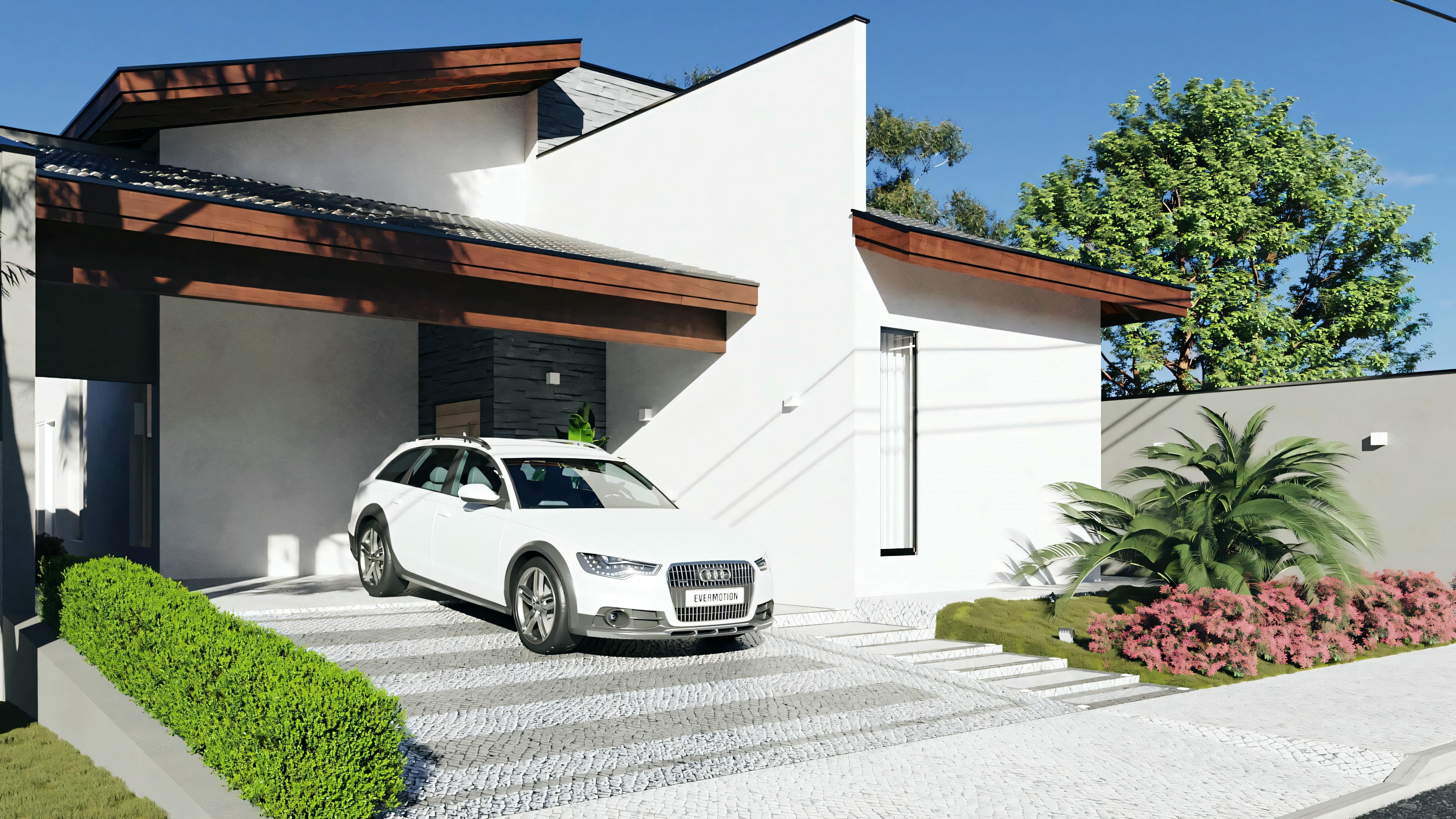 Proyecto de casa moderna de planta baja con 183m², exhibiendo la fachada con techo visto, detalles en madera y piedra, y garaje para dos coches.