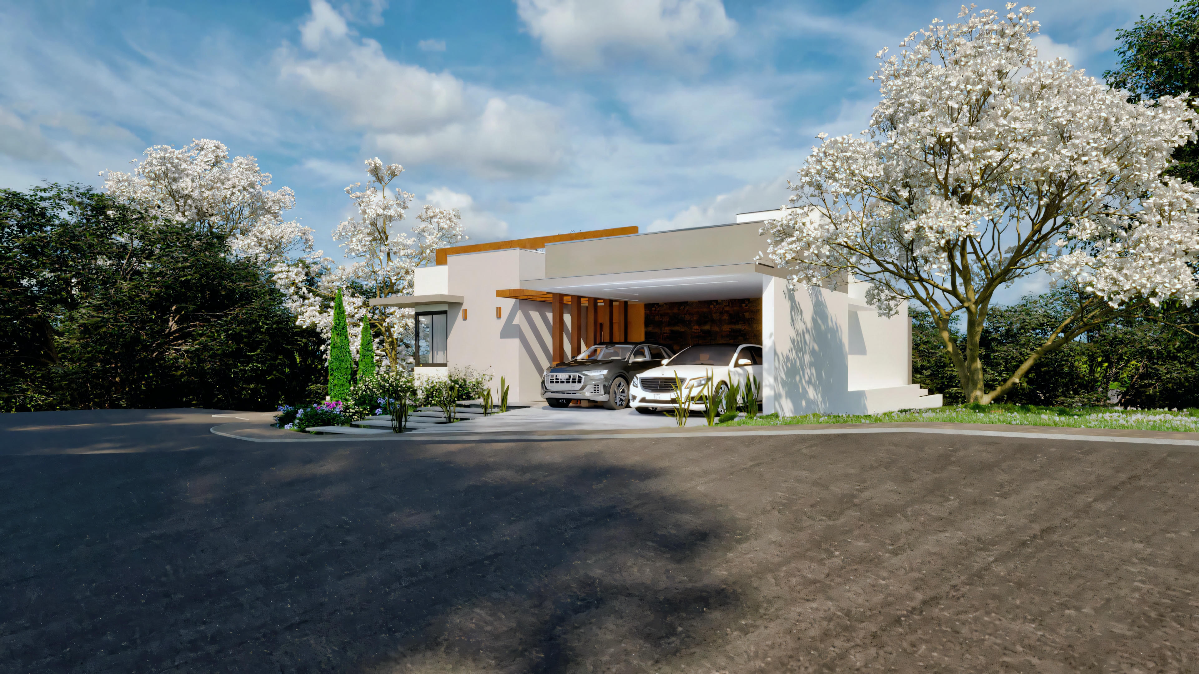 Wide-angle facade of a ready-made project for a modern single-story house with 5 suites, an area of 364.7m² on an 18x35 lot. Shows a garage for two cars, access with a pergola, and landscaping.