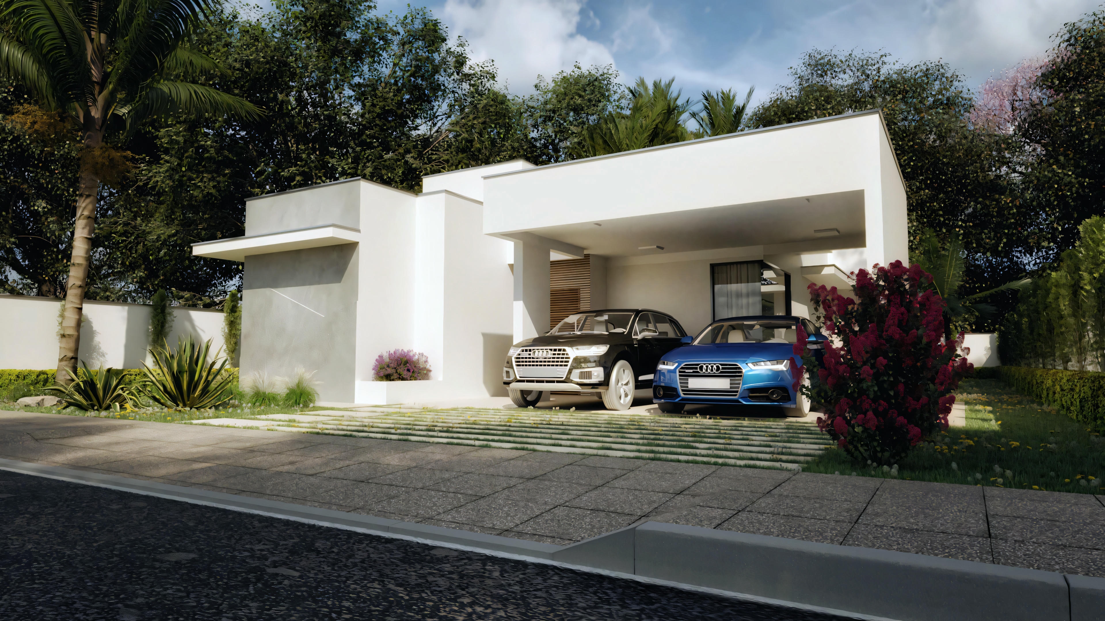 Front facade of the ready-made modern single-story house project, with 170.8sqm built area, 3 bedrooms (2 suites), and a 2-car garage. House plan with 2 suites ideal for 18x30m lots, highlighting contemporary design and gourmet area.