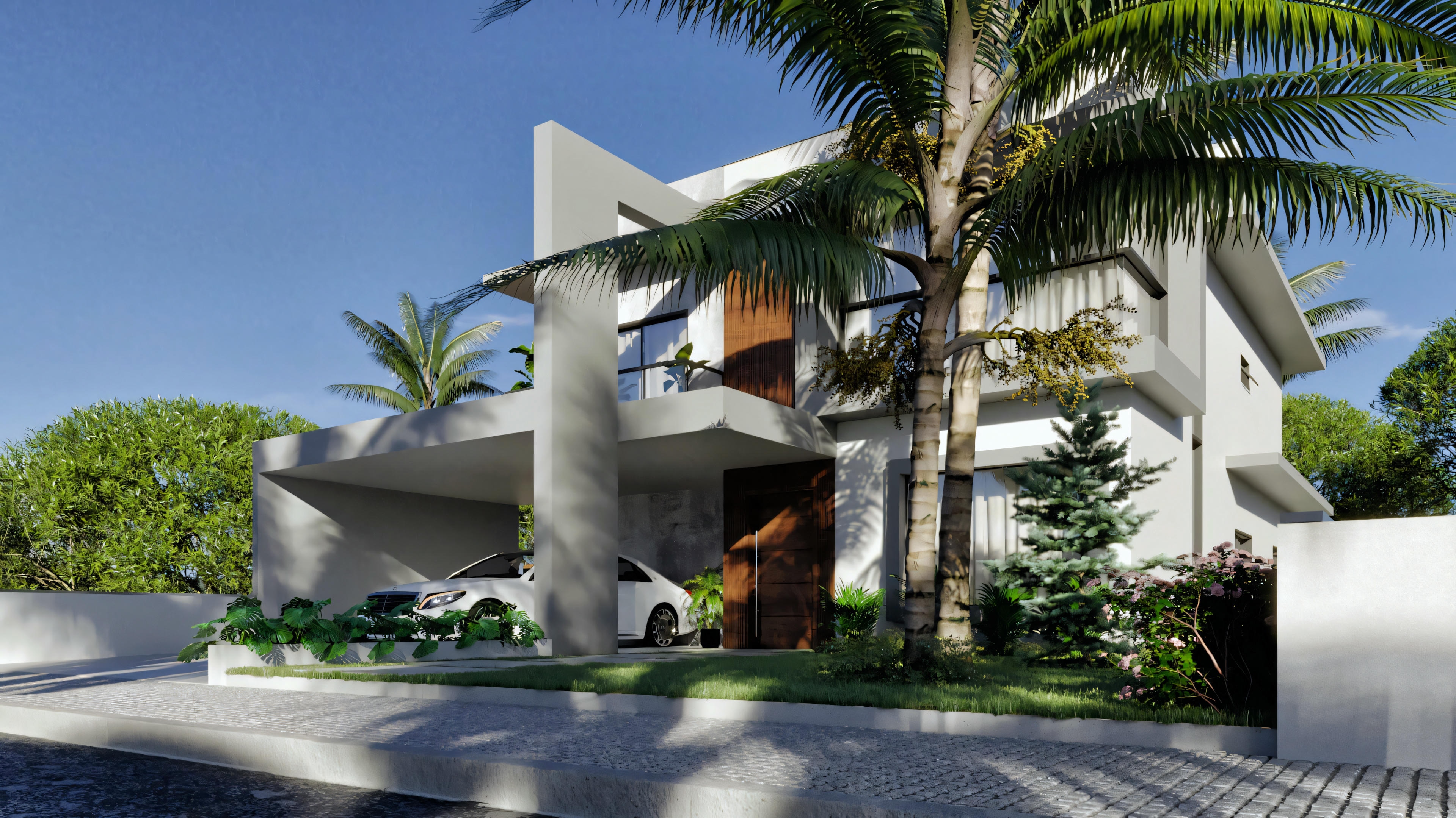 Side view of a modern house with surrounding greenery.