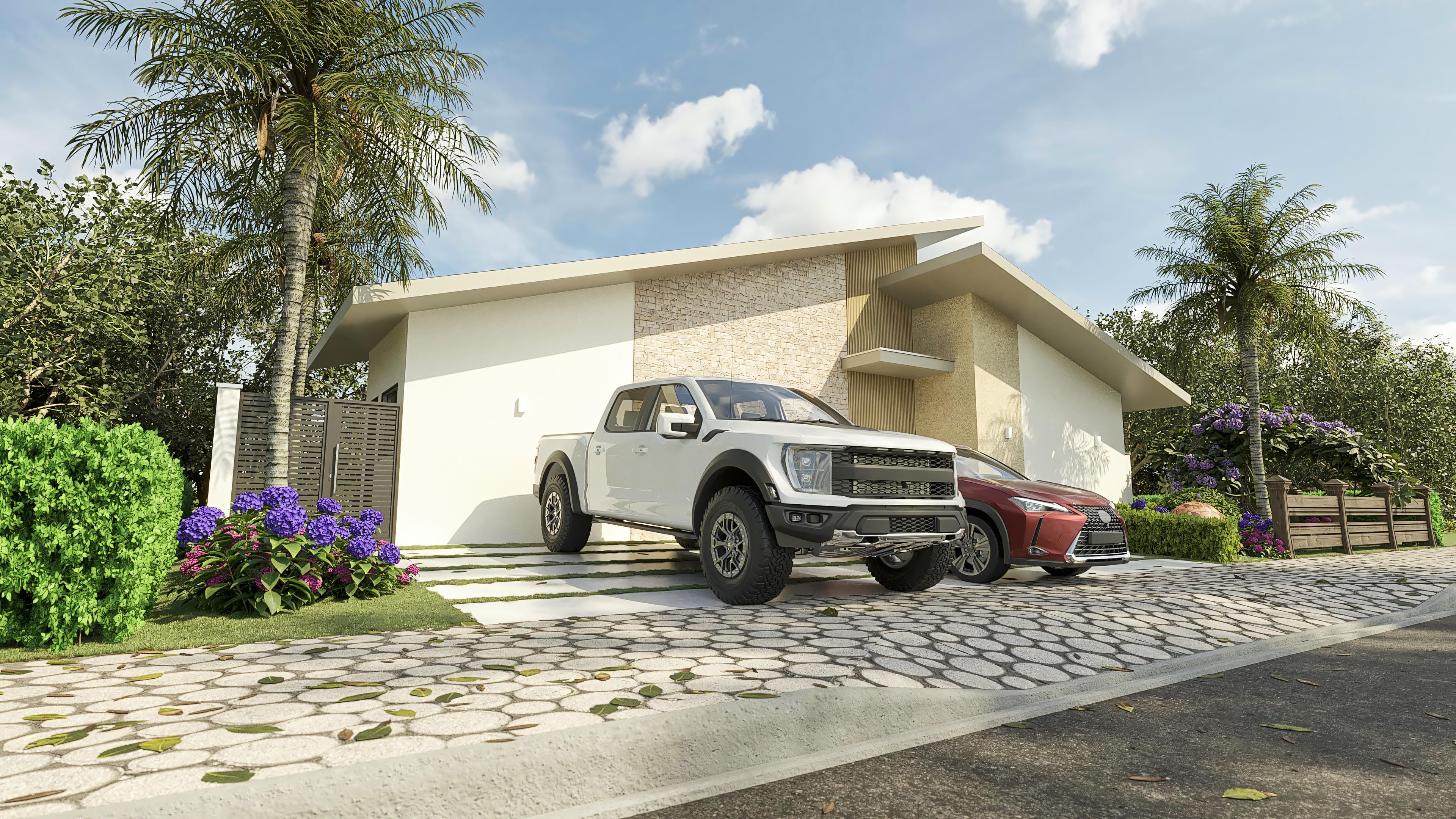 Modern facade of a single-story house with a sloped roof in light tones, combining white walls and details in natural stone and vertical stripes. Outdoor areas with lush landscaping and a paved path.