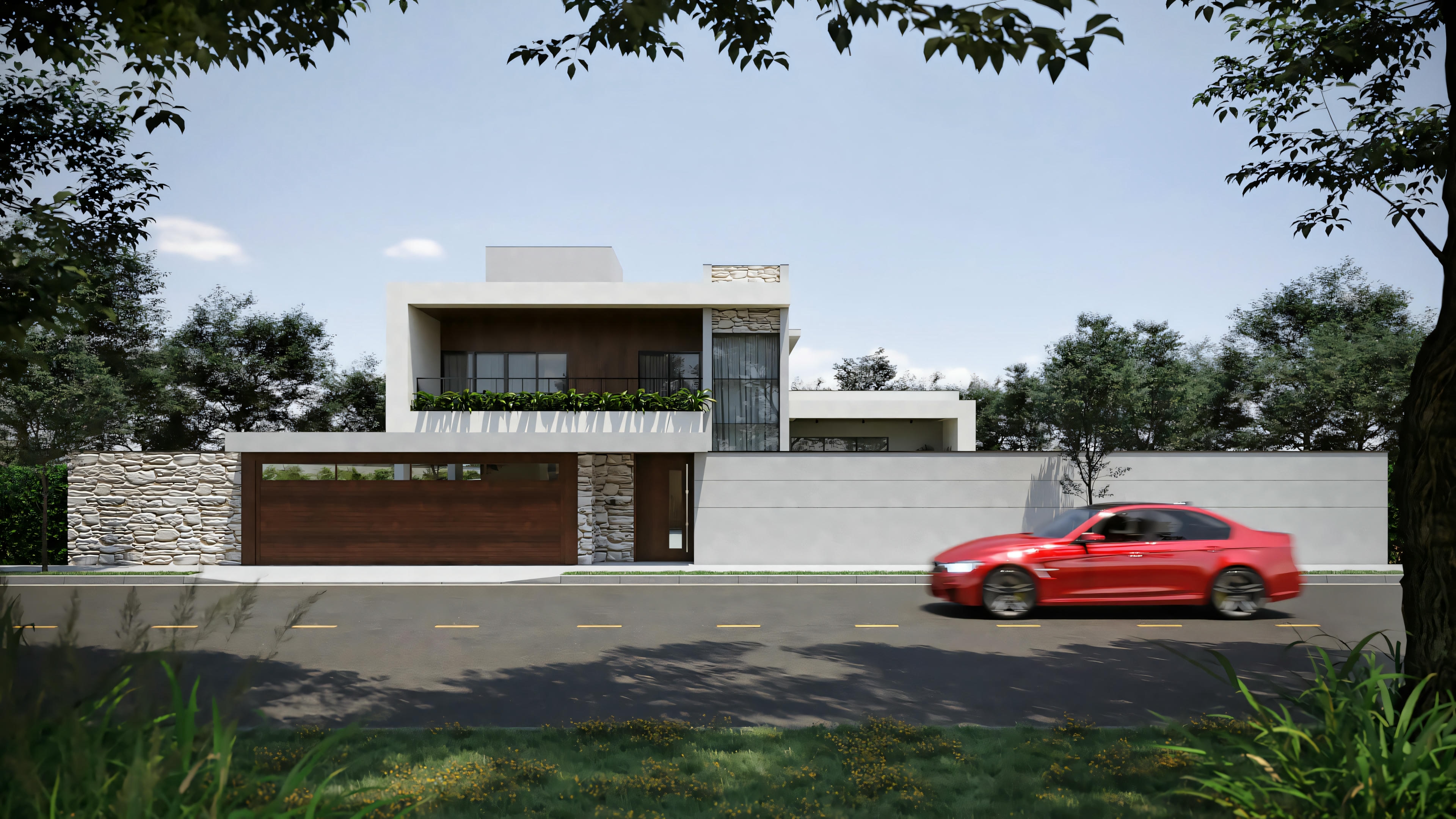 Vista exterior de proyecto de casa lista moderna con 368.67m², 3 suites y área gourmet. Muestra la fachada con garaje de puerta de madera, muro con revestimiento en piedra y la integración de la casa con la calle arbolada.