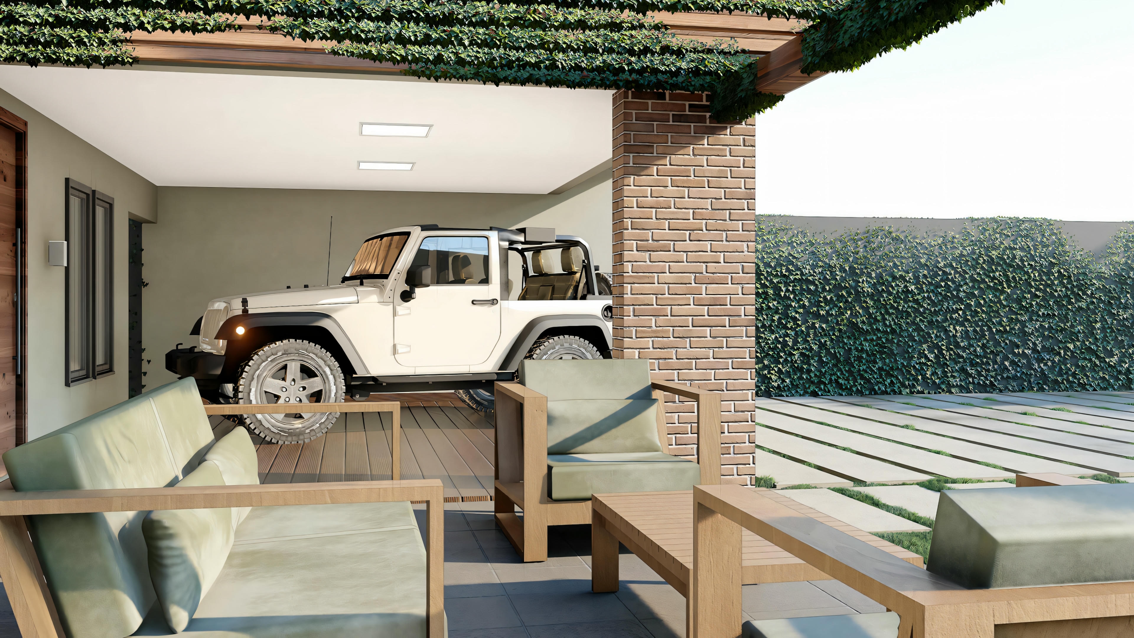Renderización 3D de un espacio al aire libre con área de estar, vegetación y un vehículo estacionado.