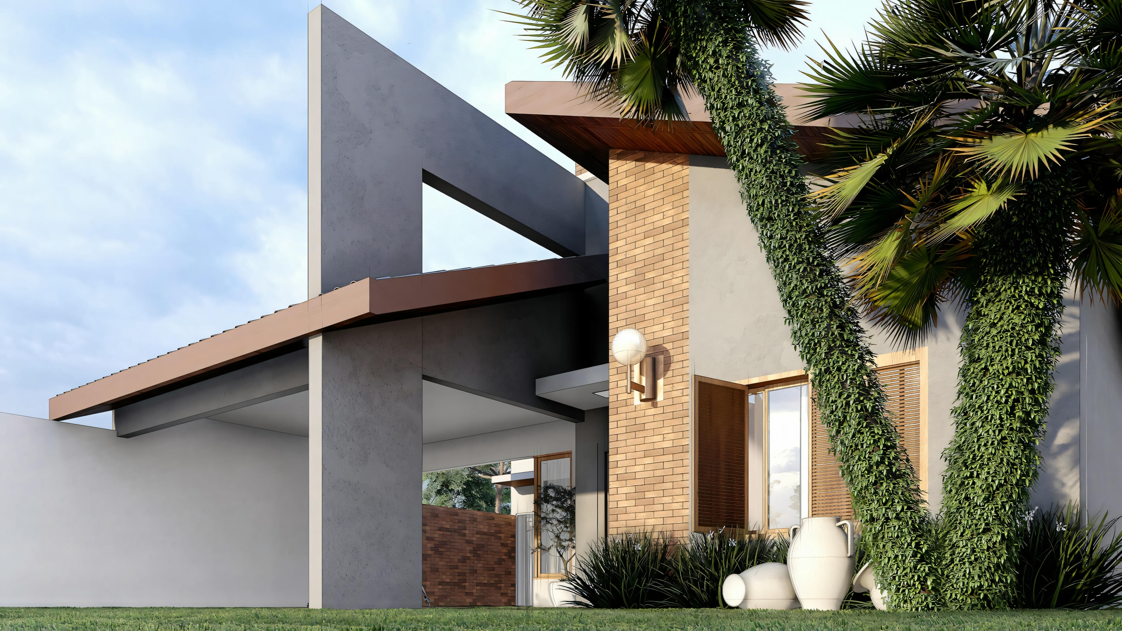 Uma casa moderna com formas geométricas proeminentes no design e uma área de carport aberta.