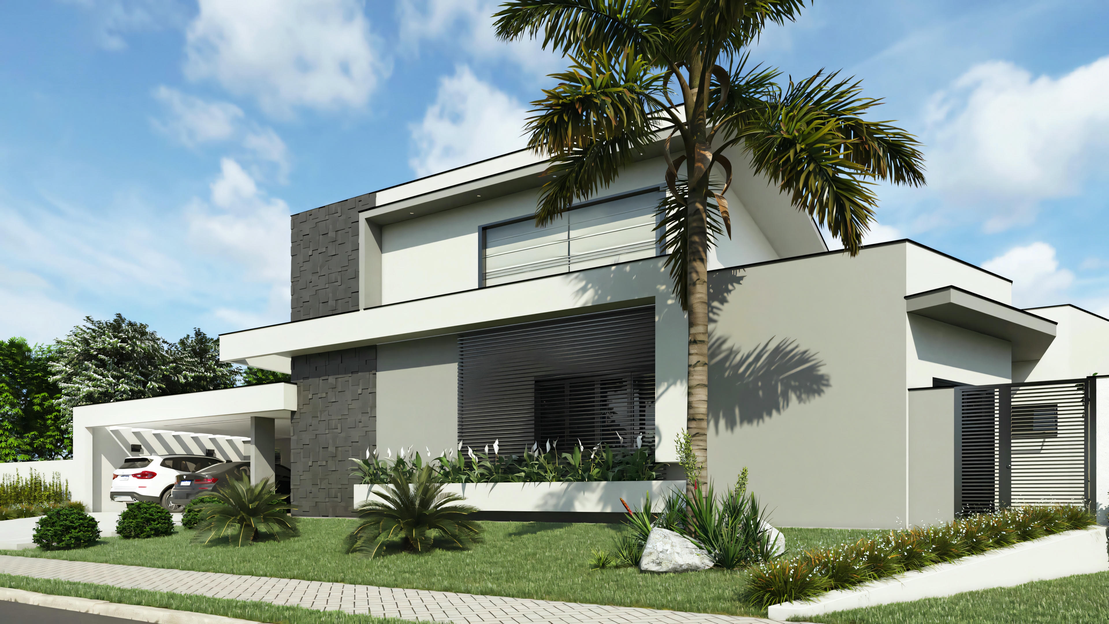 Uma casa com um nível superior proeminente e uma varanda ou terraço.