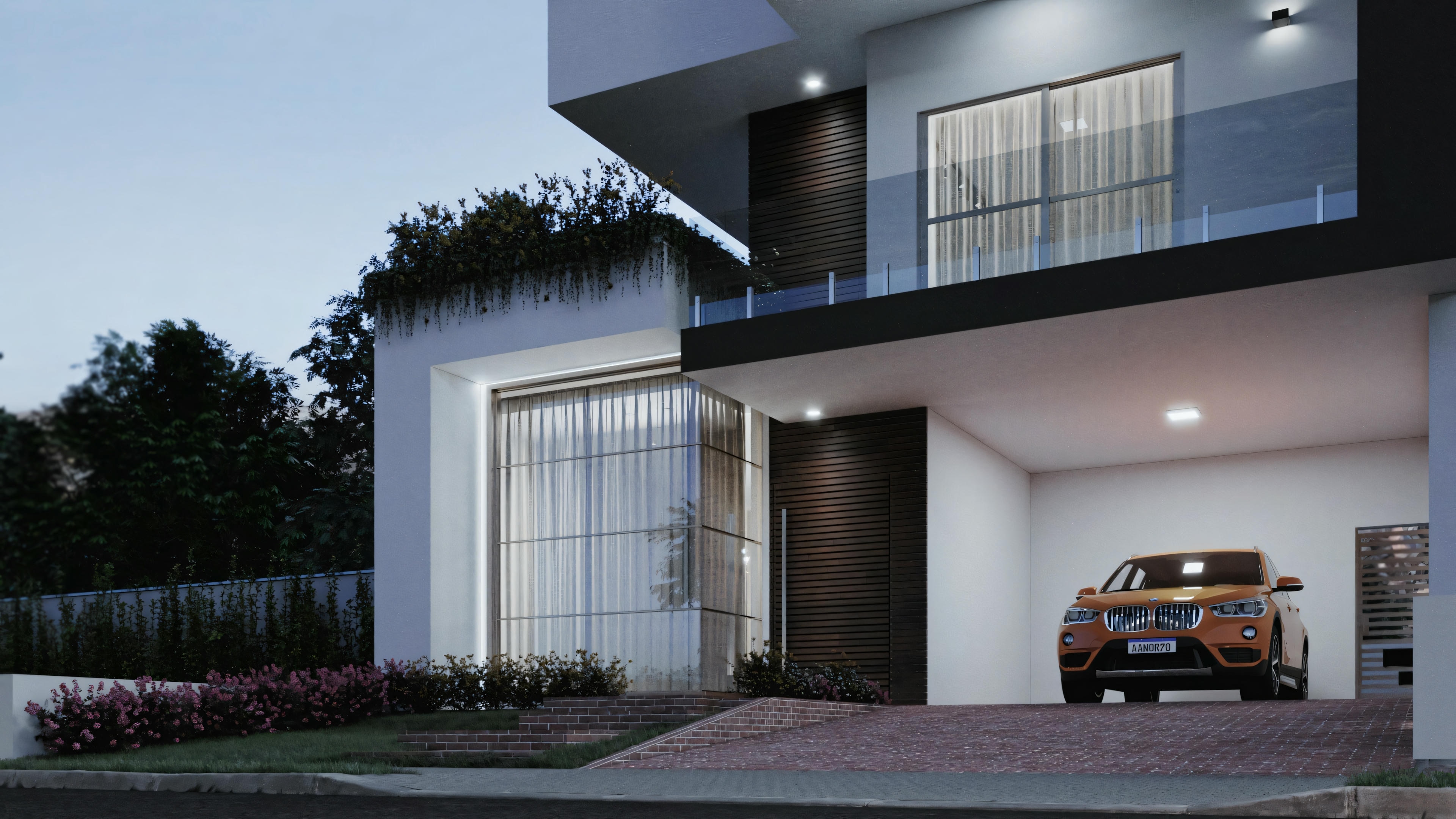 Exterior de una casa contemporánea de dos pisos al atardecer, con ventanas iluminadas y un garaje conteniendo un coche.