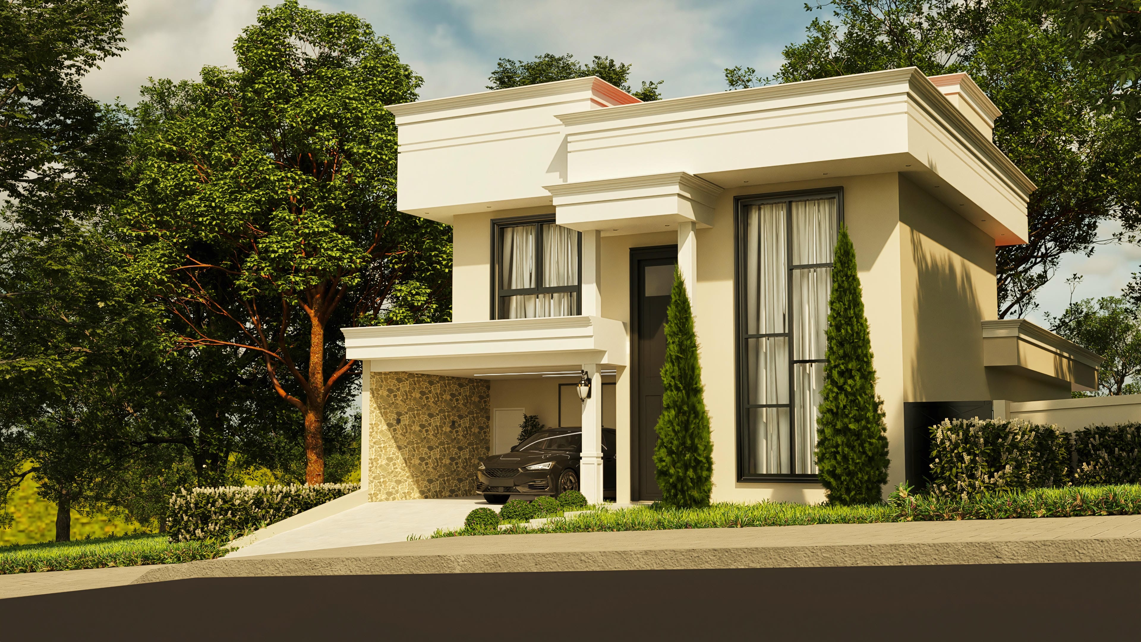 Fachada de casa de dos niveles con diseño clásico, pintura crema y detalles en piedra natural, con 4 suites.