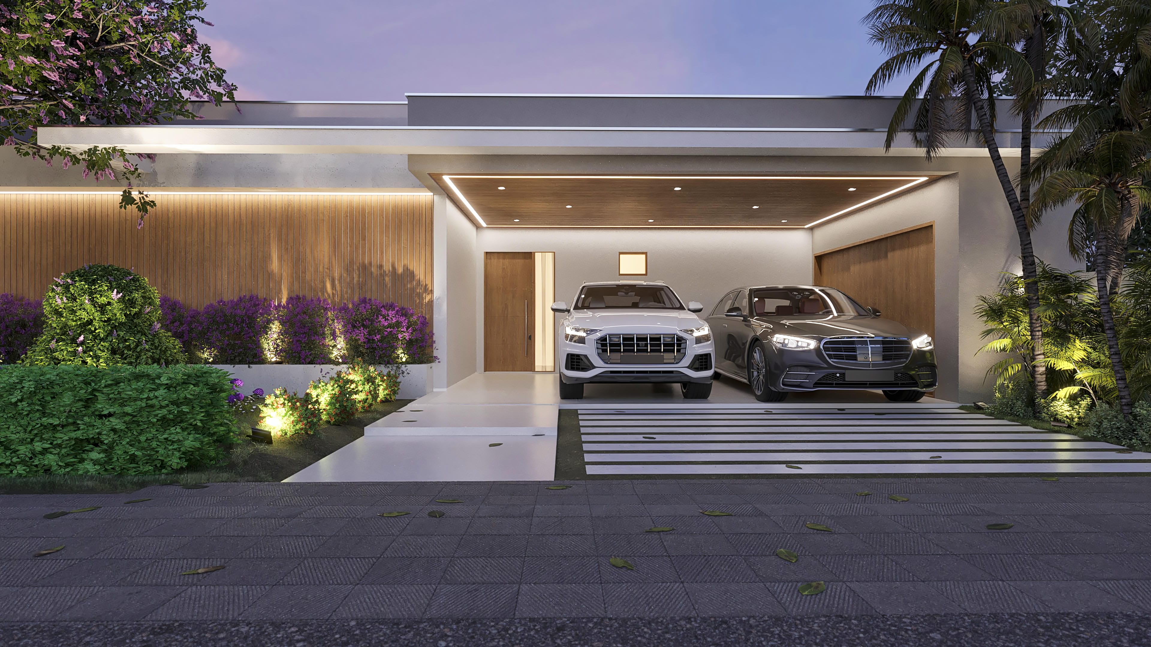 Fachada de casa de una planta moderna con 4 dormitorios, 3 suites, área gourmet y piscina. Detalles en madera, iluminación LED y paisajismo exuberante.
