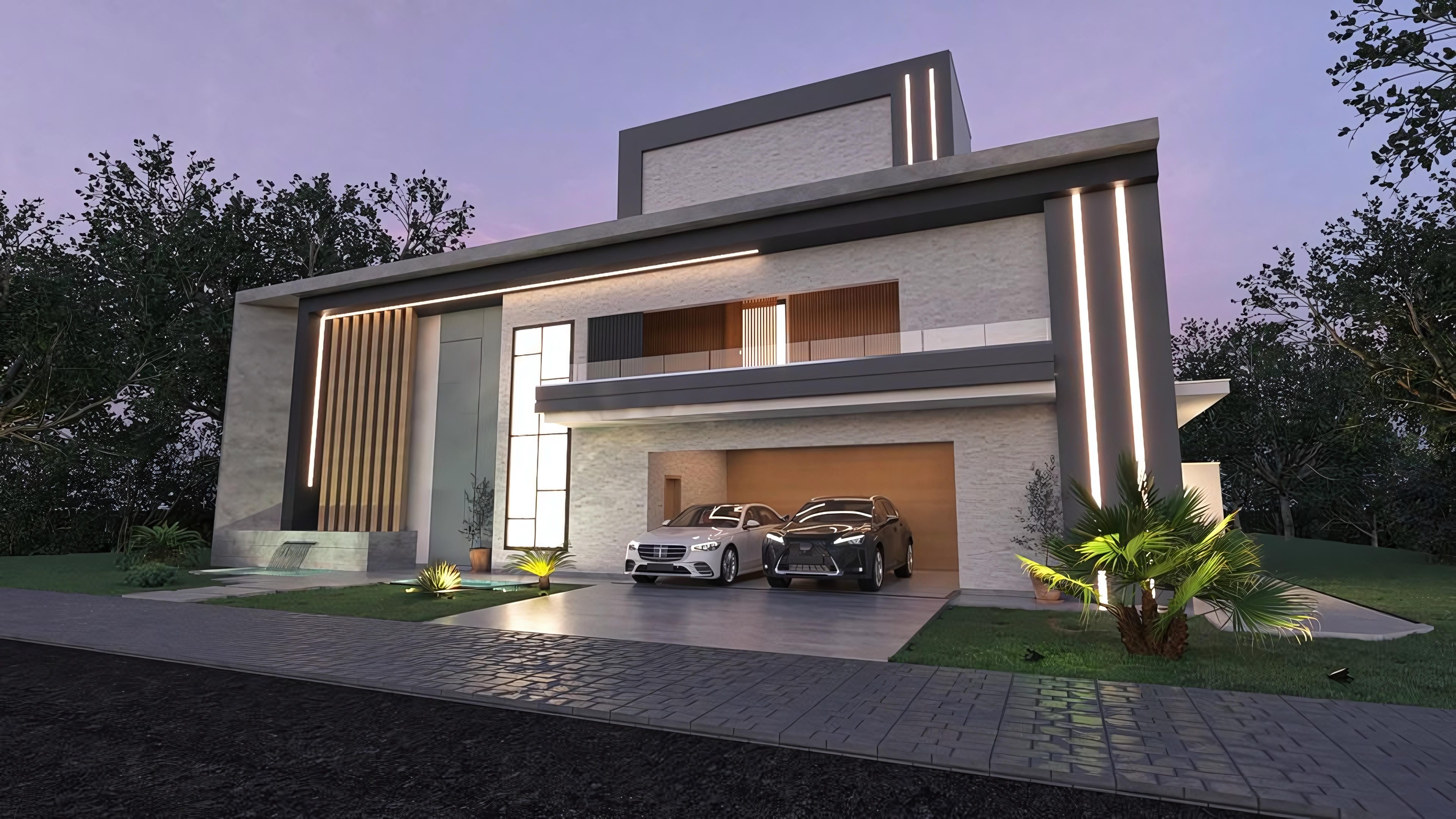 Fachada moderna de casa de lujo de dos plantas con elementos integrados de playa artificial, área gourmet y paisajismo exuberante.