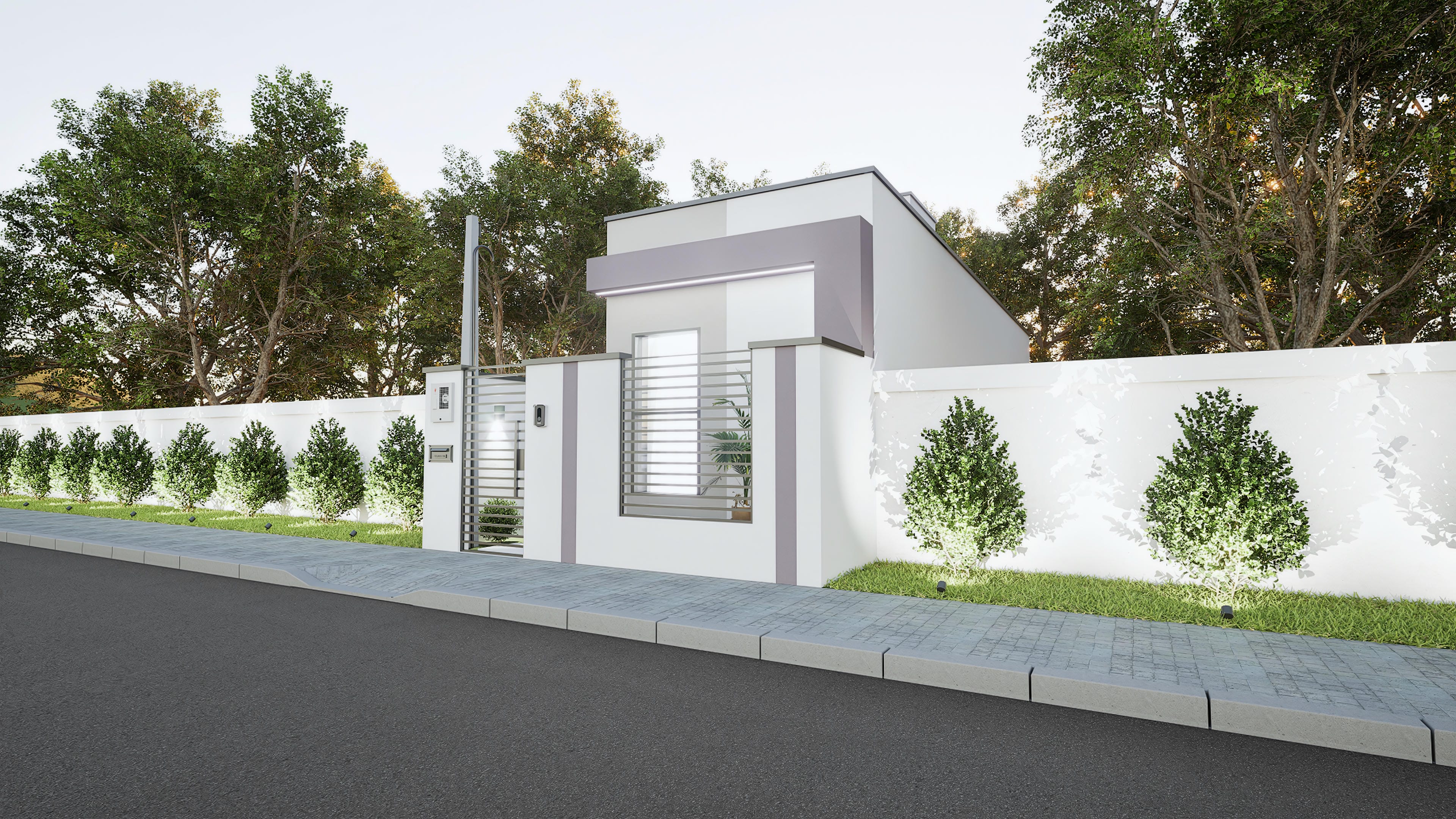 Fachada moderna de casa térrea com portão de metal, muro branco, janela ampla e detalhes em cinza.