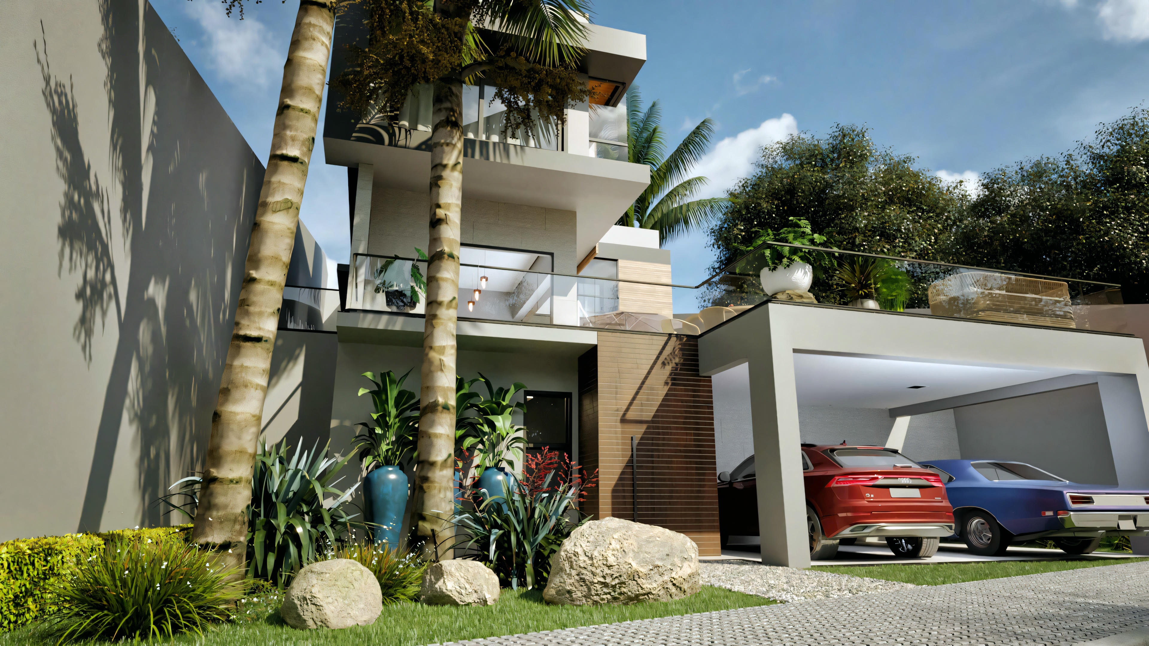 Fachada frontal de casa moderna con 4 suites, Proyecto Archshop (316.98m²). Incluye garaje doble, entrada con paisajismo detallado (piedras, palmeras), madera en la pared y balcón con vidrio.