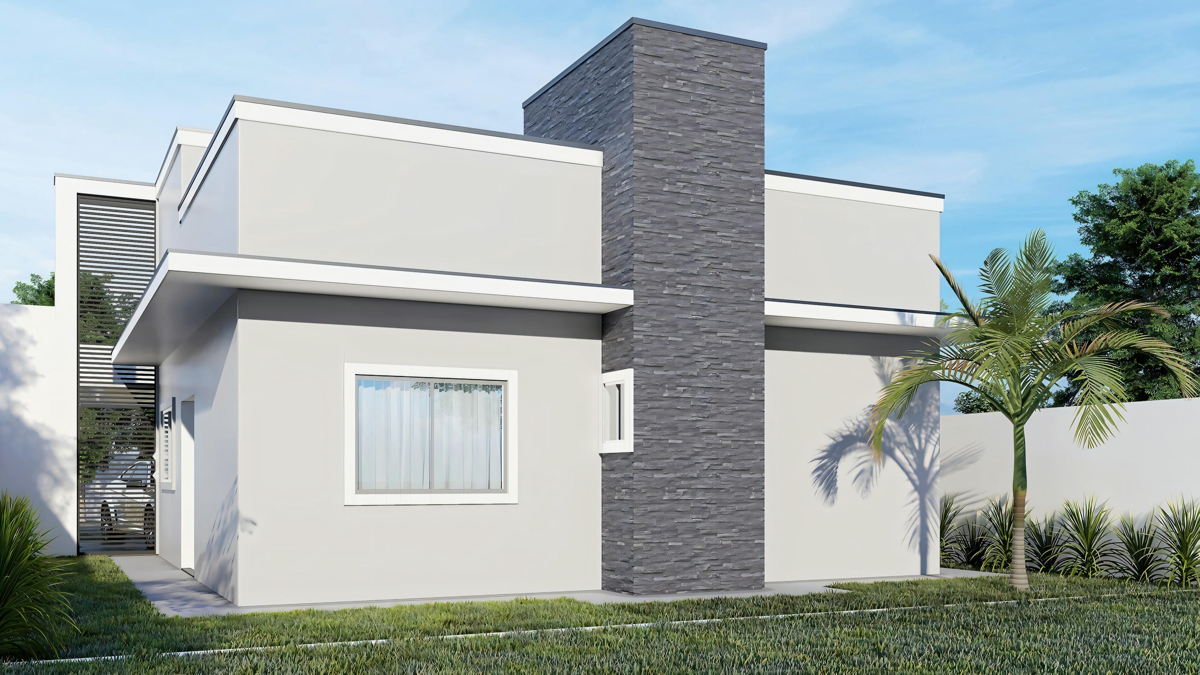 Casa moderna blanca con techo plano y grandes ventanas.