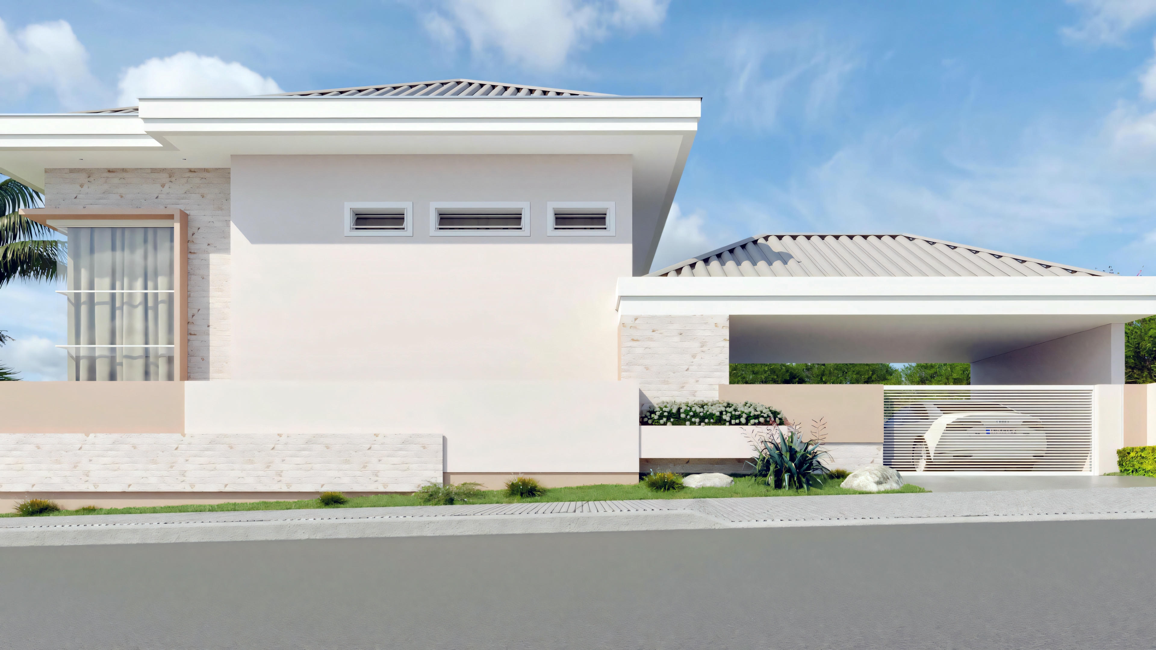Uma casa moderna com grandes janelas de vidro e área de estar externa.