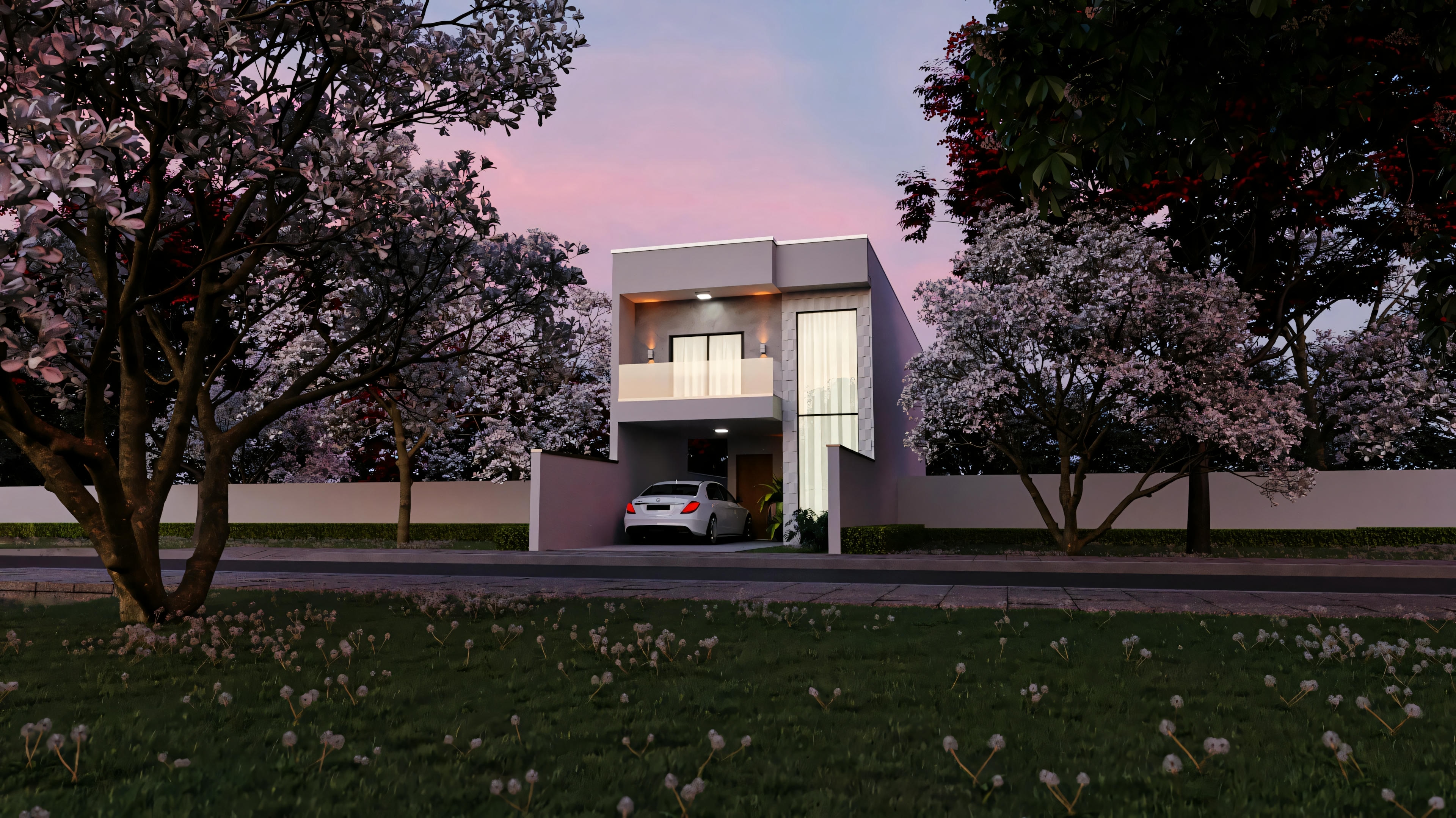 Casa moderna com telhado plano ao entardecer, luzes internas visíveis e um carro estacionado na frente.