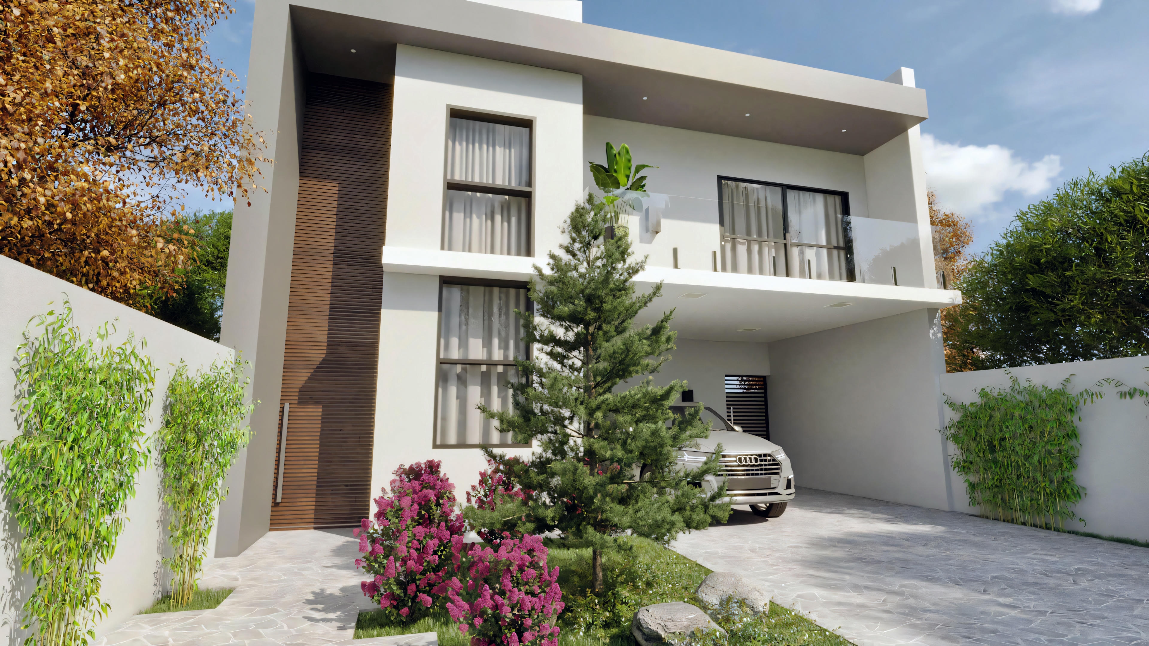 Uma casa moderna com telhado plano, varanda superior e cercada por plantas, com céu claro ao fundo.