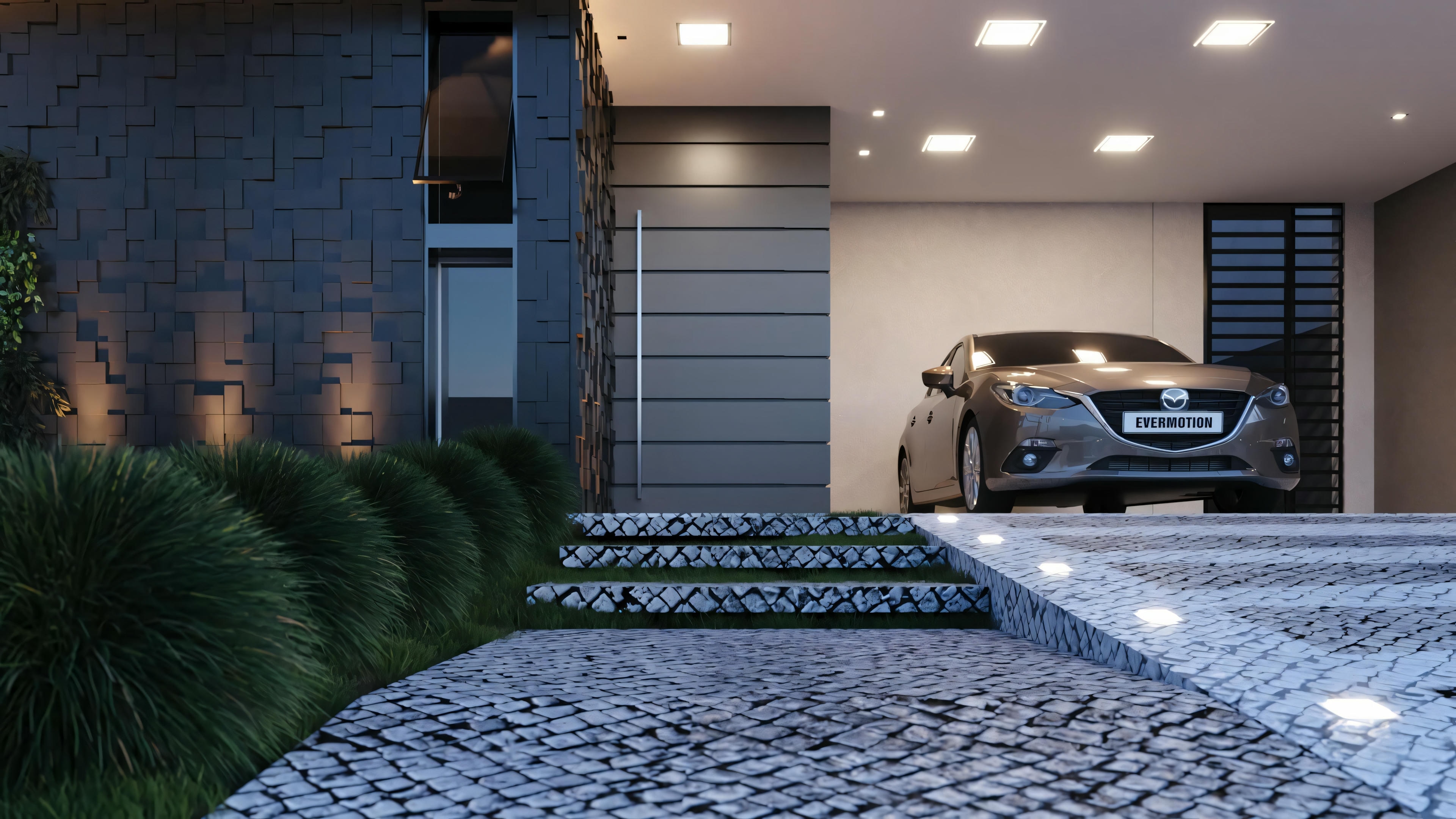 Una casa moderna al atardecer o por la noche, con foco en la entrada y el área del garaje. Hay un coche estacionado en la entrada, iluminado por luces empotradas en el suelo. La arquitectura presenta líneas limpias y una mezcla de materiales, incluyendo piedra y metal.