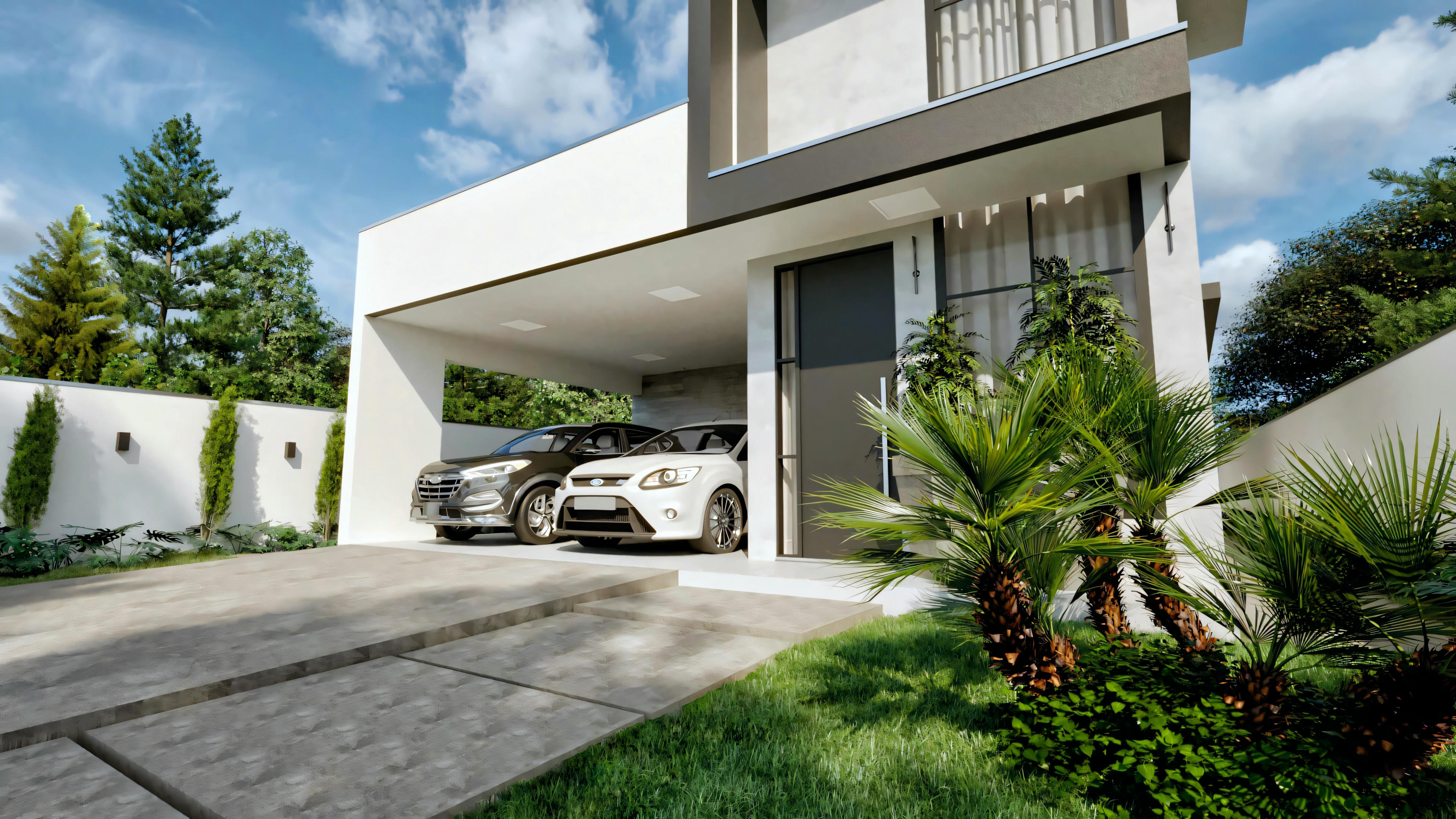 Vista exterior de una casa moderna con grandes ventanales, paredes blancas y tejado plano. Un coche está aparcado en la entrada junto a algunas plantas.