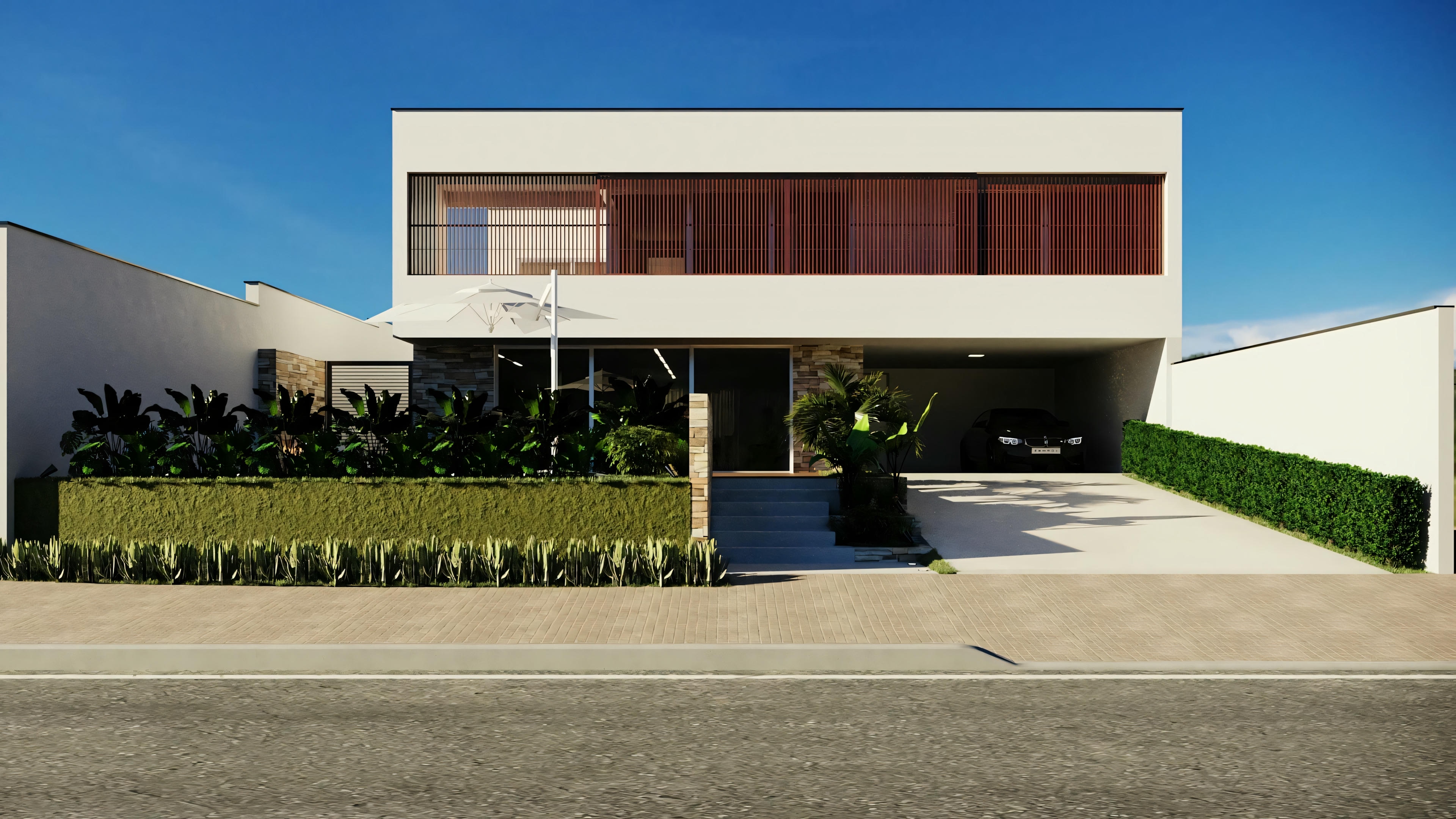 Representación arquitectónica de una casa moderna de dos pisos con techo plano y grandes ventanas de vidrio.