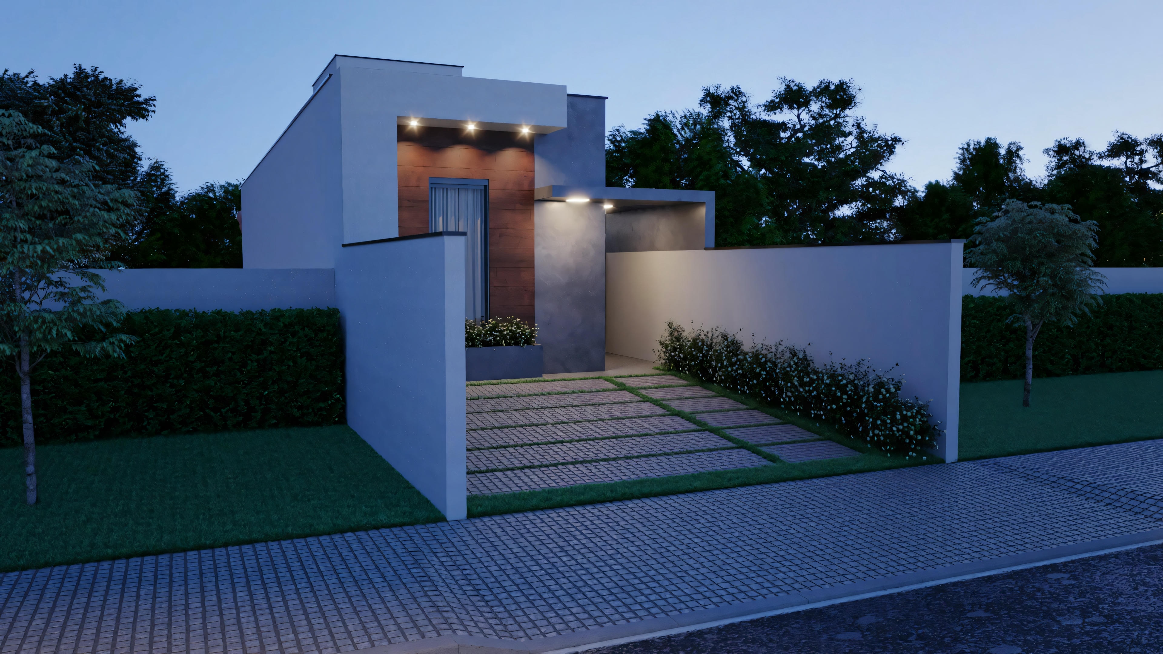 Vista exterior de una casa moderna al atardecer, con elementos arquitectónicos geométricos, iluminación externa y paisajismo alrededor.
