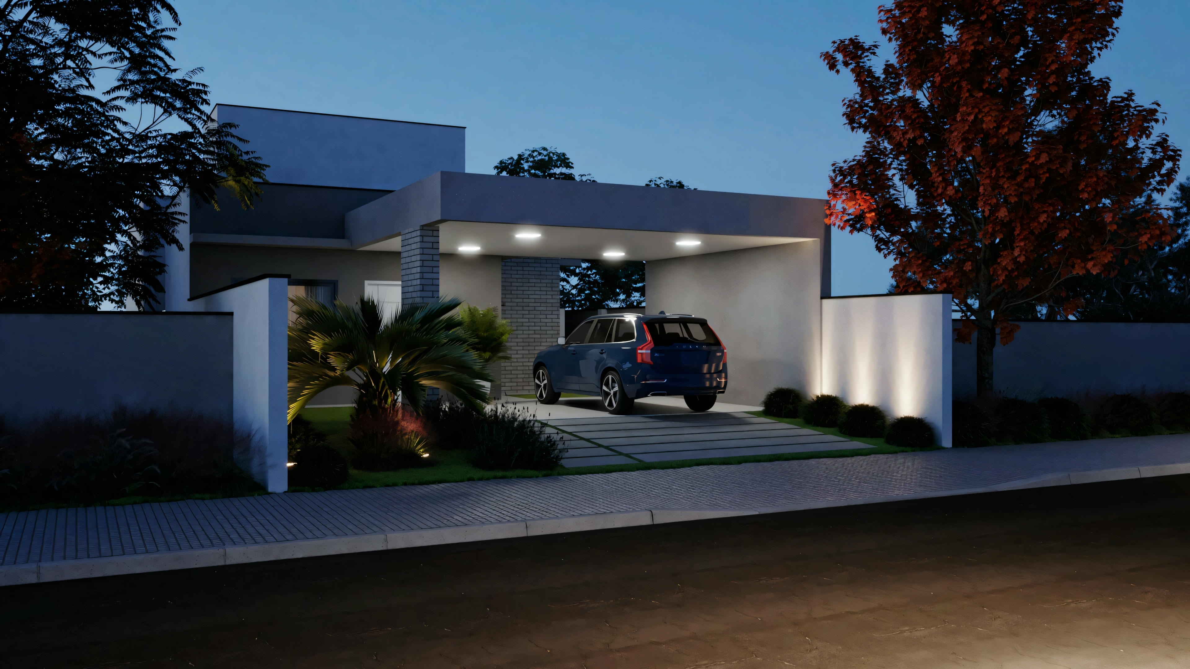 Casa moderna con interior iluminado, coche estacionado en la entrada y paisajismo con árboles al anochecer.