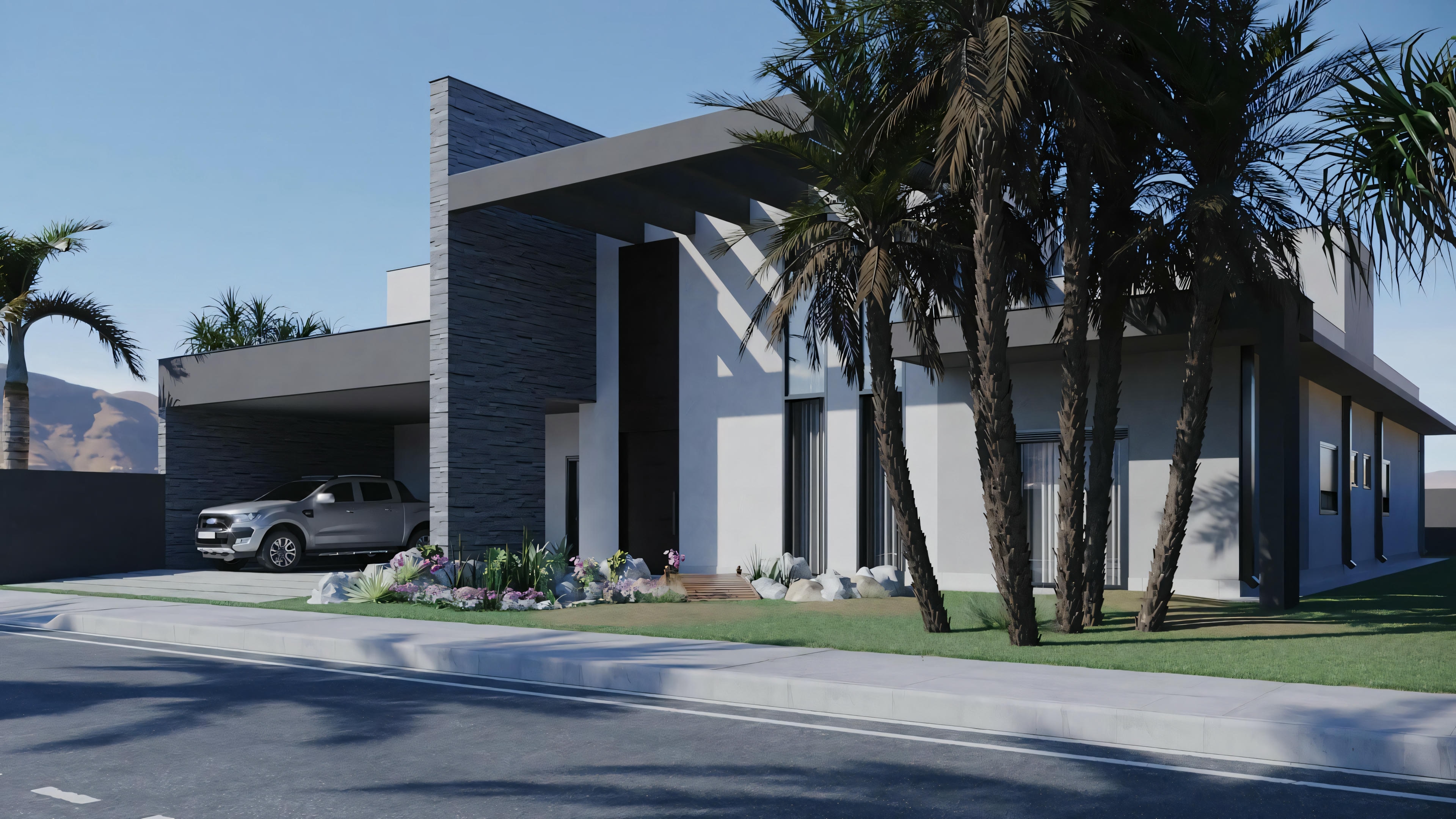 Casa moderna con techo plano, grandes ventanales y coche estacionado en la entrada.