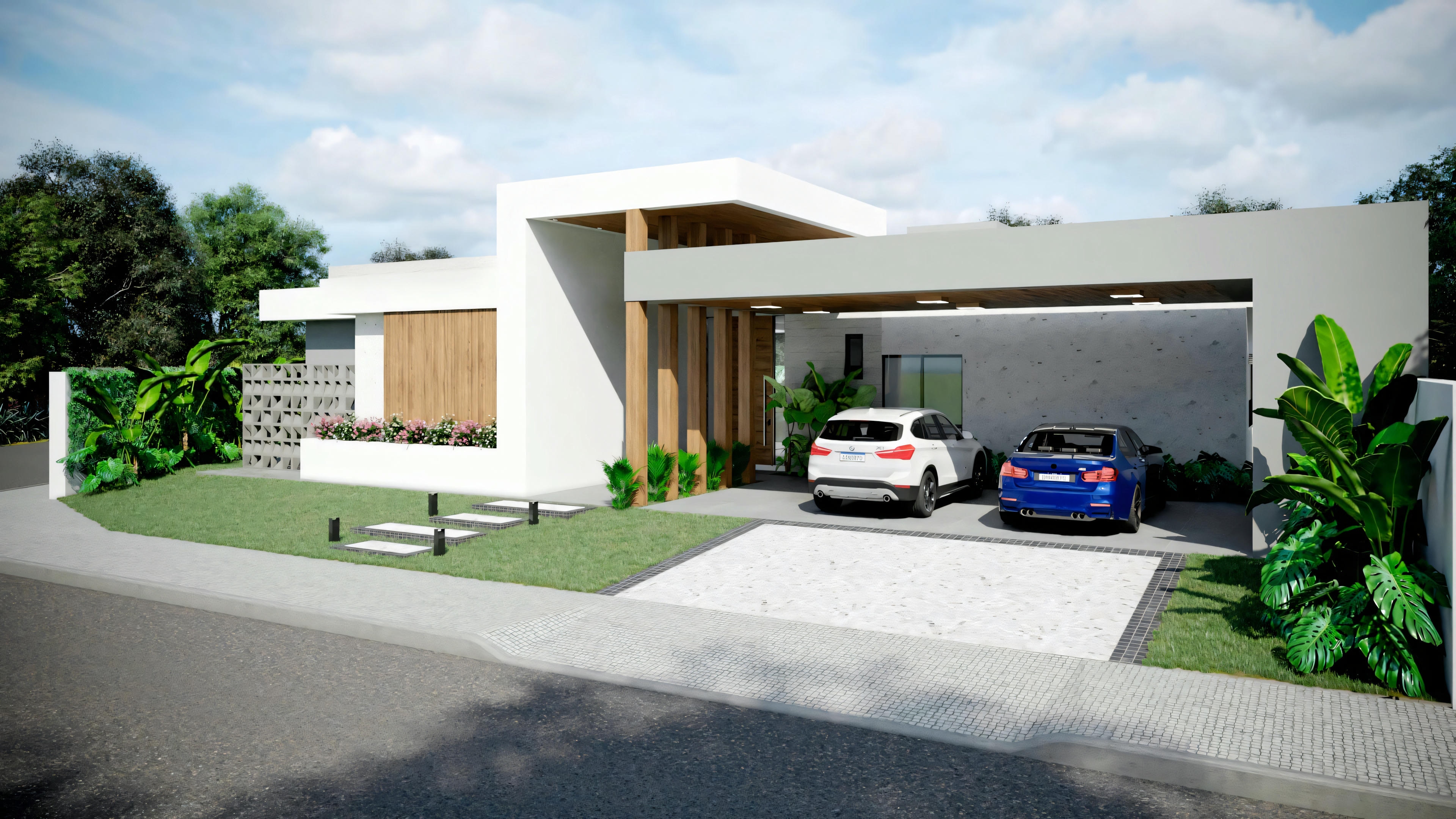 Una casa moderna con techo plano, grandes ventanas y un coche estacionado en la entrada.