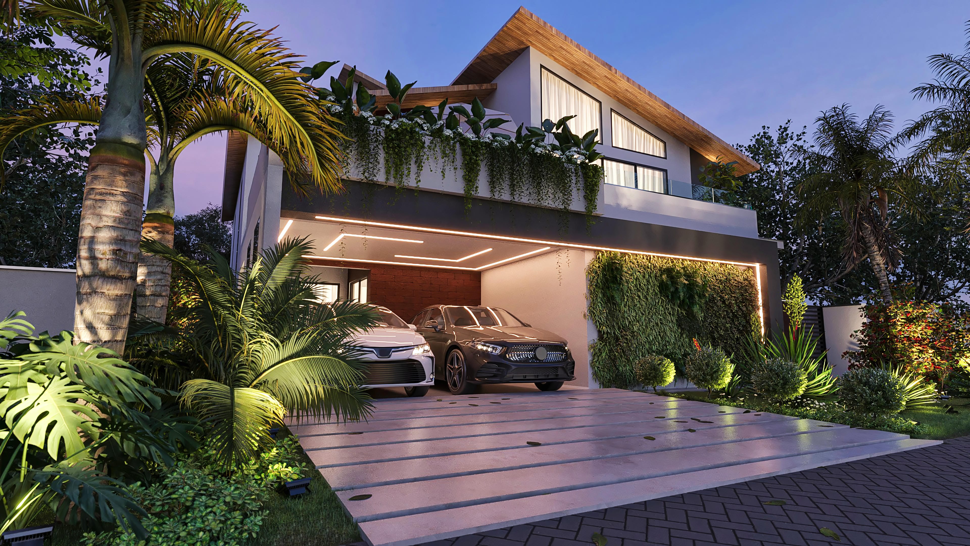Fachada de casa moderna con techo visto en madera, amplios ventanales, piscina, área gourmet y paisajismo exuberante.