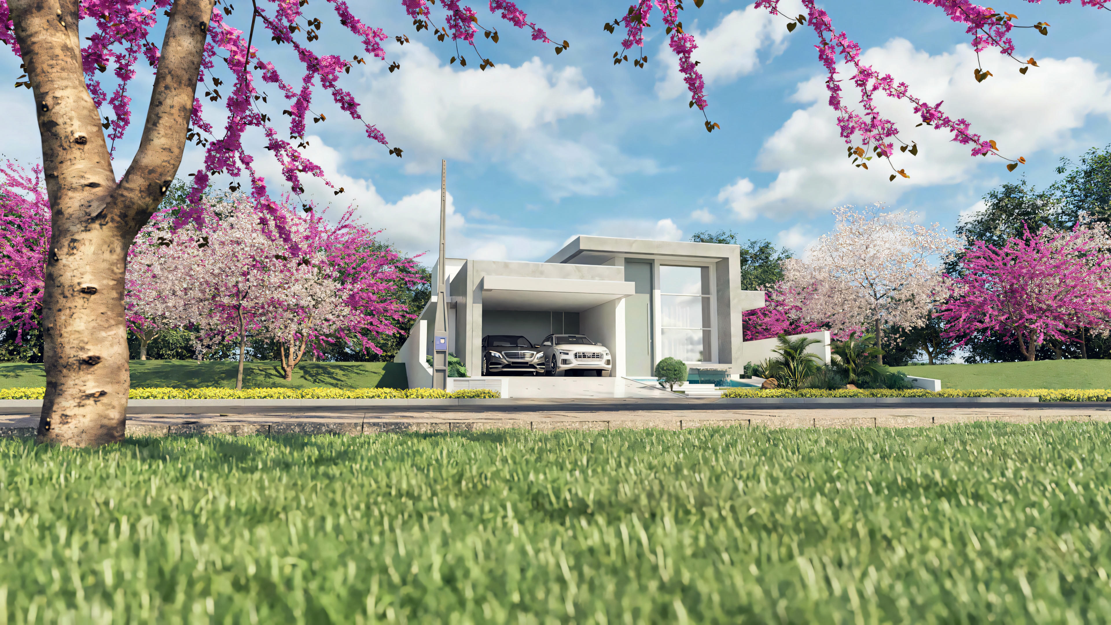 Vista frontal ampla de casa moderna térrea com 3 quartos e garagem dupla, observada através de um gramado e emoldurada por árvores com flores rosas. Projeto de 203.67m².