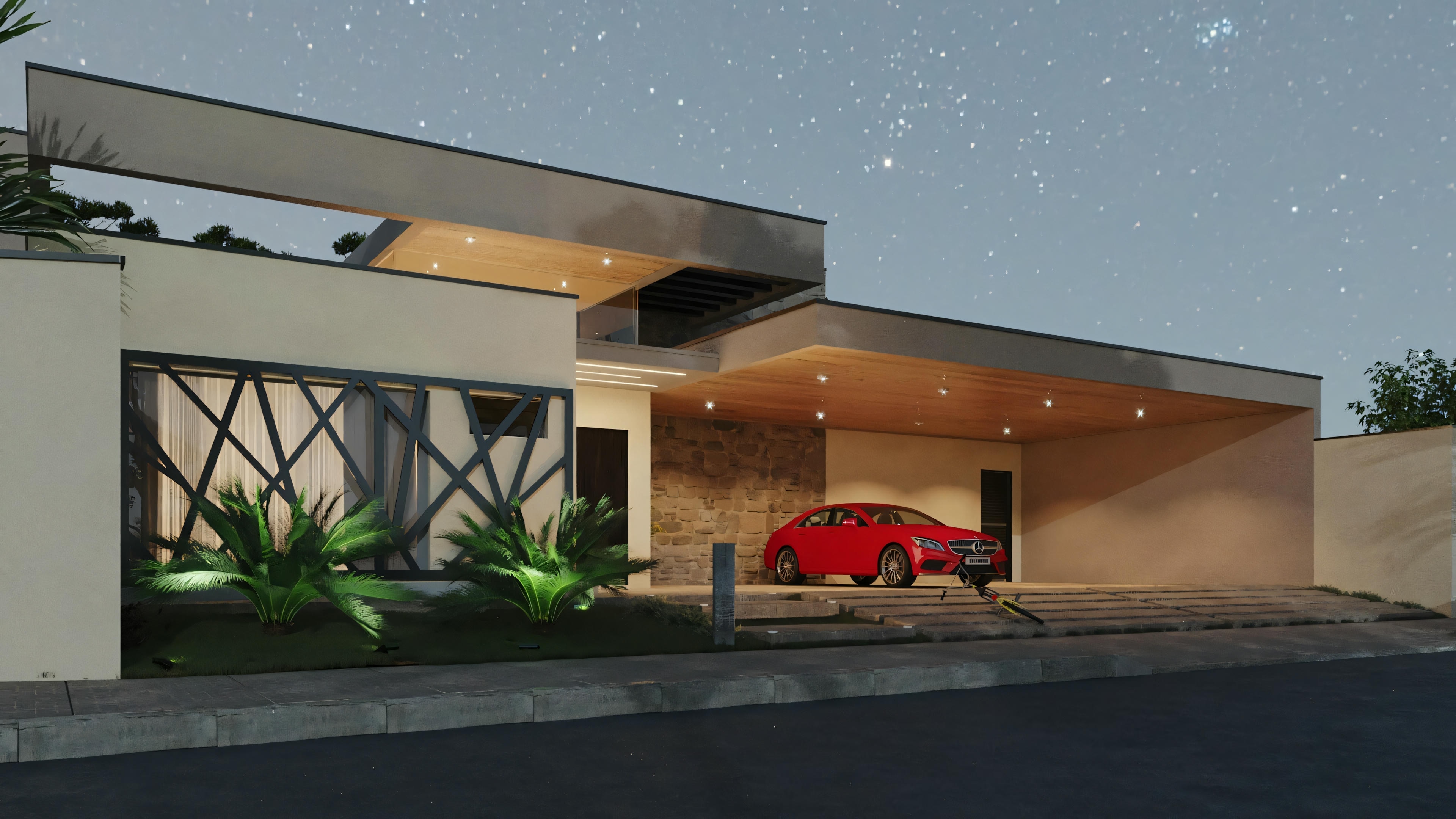 A mesma casa moderna de um andar, agora mostrada à noite, com todas as luzes externas acesas.