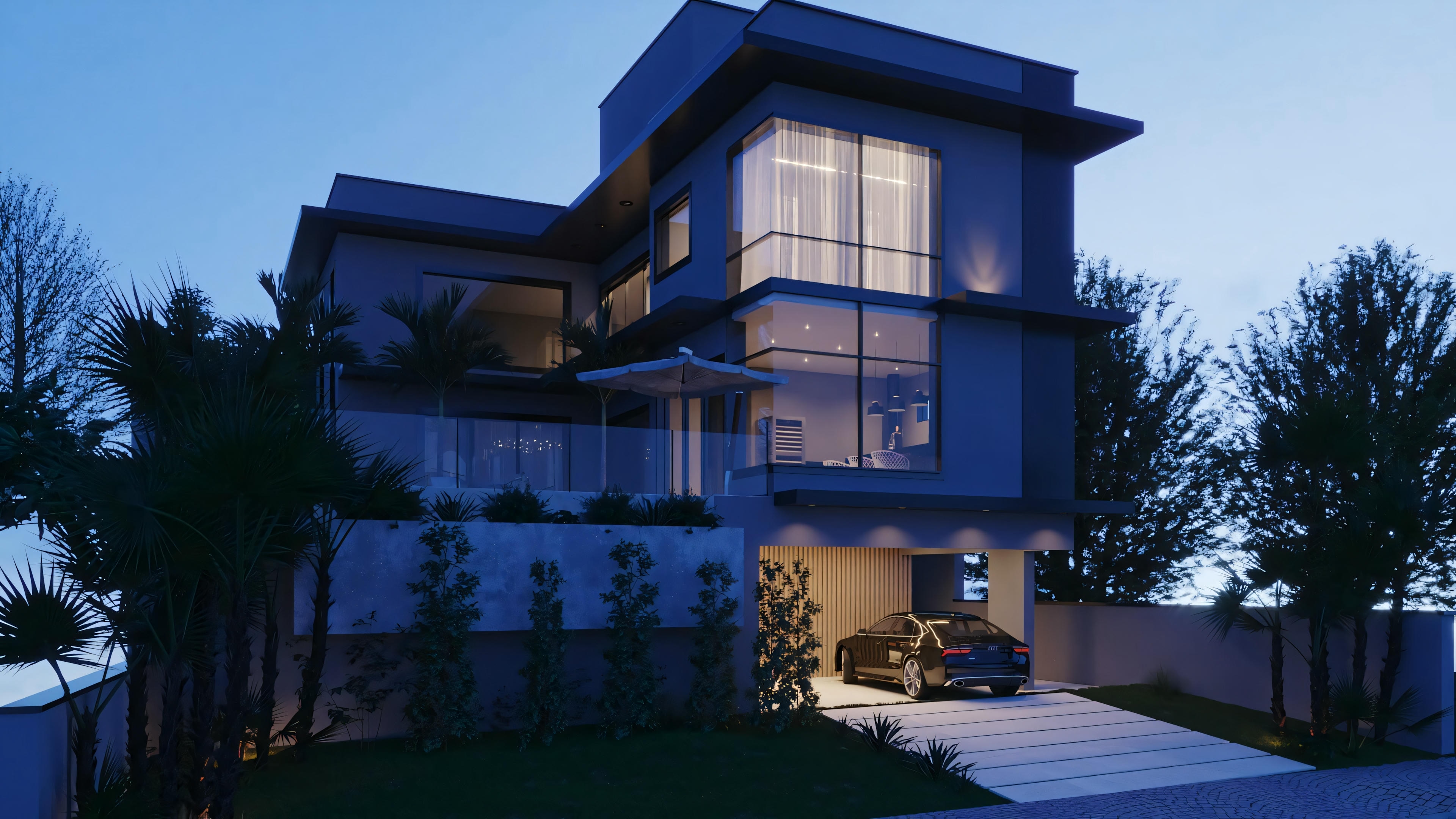 Vista exterior de una casa de varios pisos durante el crepúsculo, con ventanas iluminadas e iluminación externa destacando los detalles arquitectónicos.