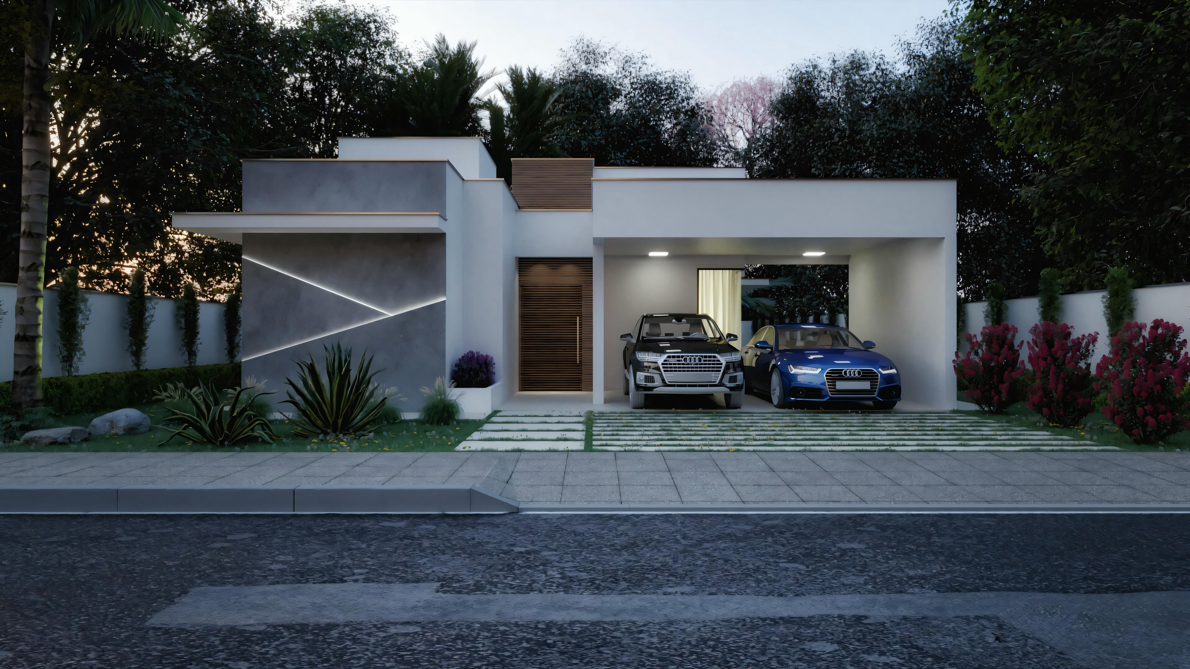 Proyecto listo de casa de planta baja con 2 suites, exhibiendo fachada moderna con detalle decorativo de líneas en la pared izquierda. Casa con 170.8m² en terreno 18x30, posee 3 habitaciones (2 suites), 4 baños, área gourmet y garaje para 2 autos.