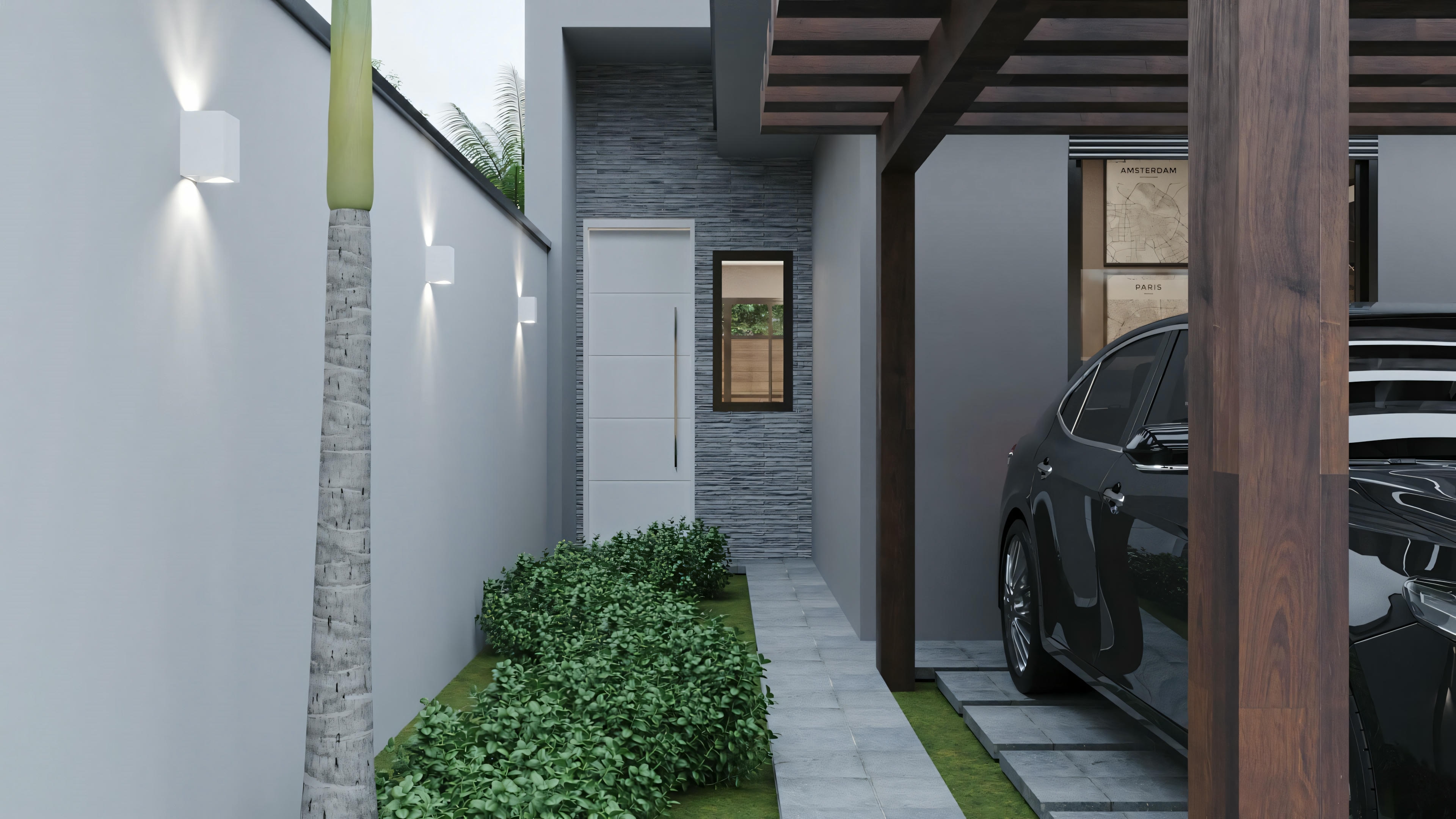 Un coche moderno estacionado en una entrada al lado de un edificio residencial con elementos de madera y plantas verdes.